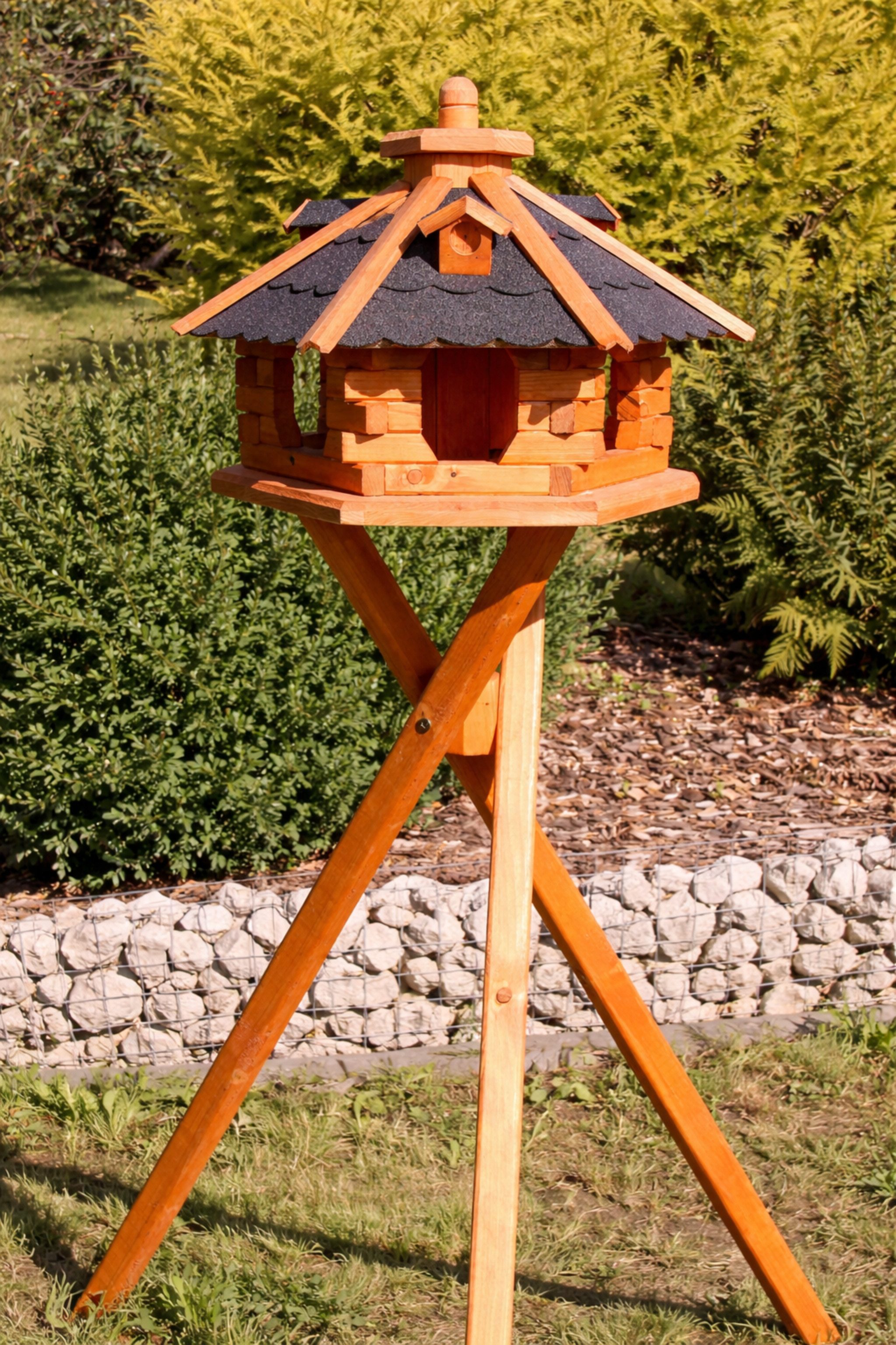 Holzdekoladen Vogelhaus Vogelhaus Holz handgefertigt mit Ständer & Solar weiß wählbar