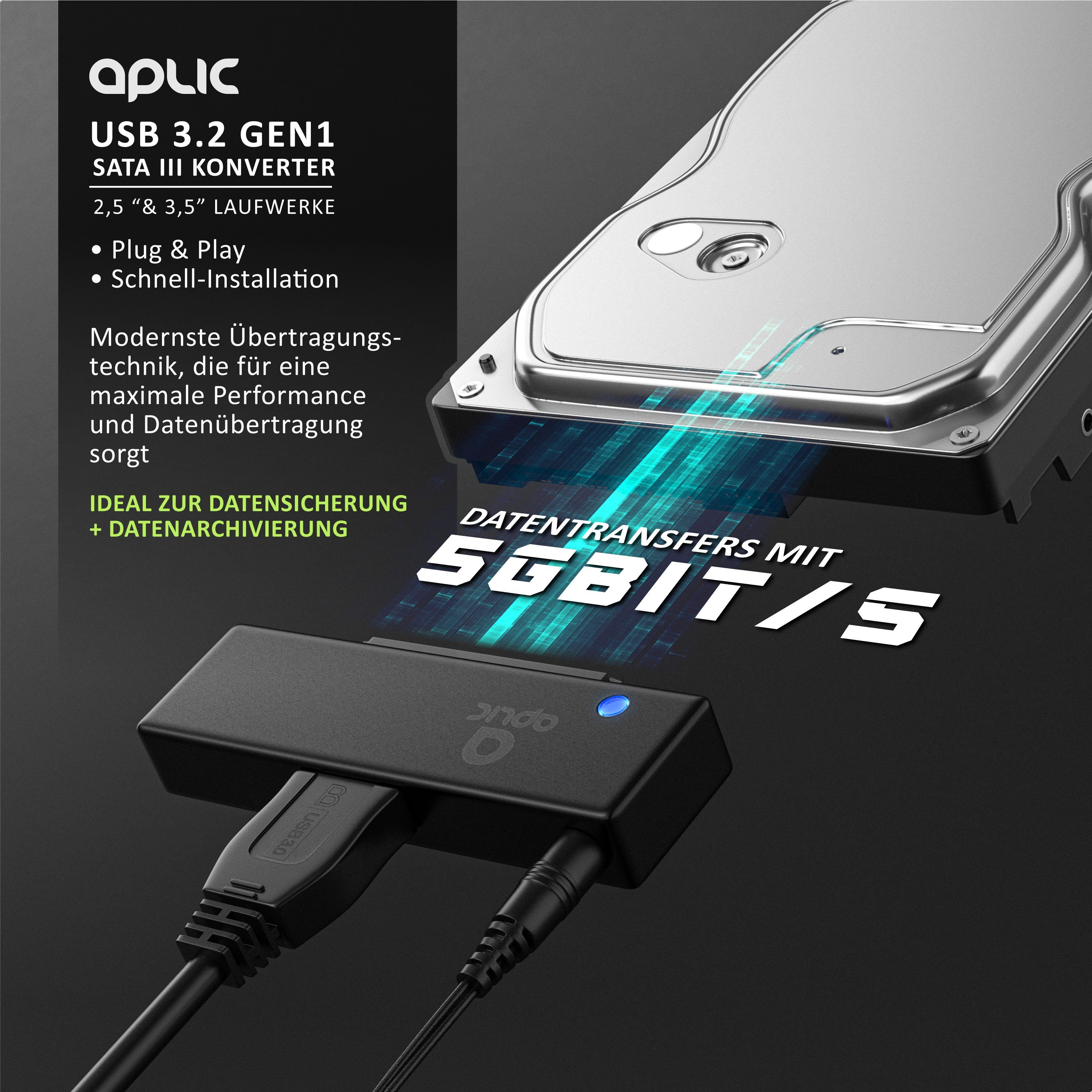 Aplic SATA 1/2/3 Festplatten Konverter Kabel mit Netzteil, USB 3.0 Computer-Adapter SATA zu USB 3.0 Typ A, für SSD SATA I II III 2,5 Zoll 6,35cm HDD 3,5 Zoll 8,89cm Laufwerke