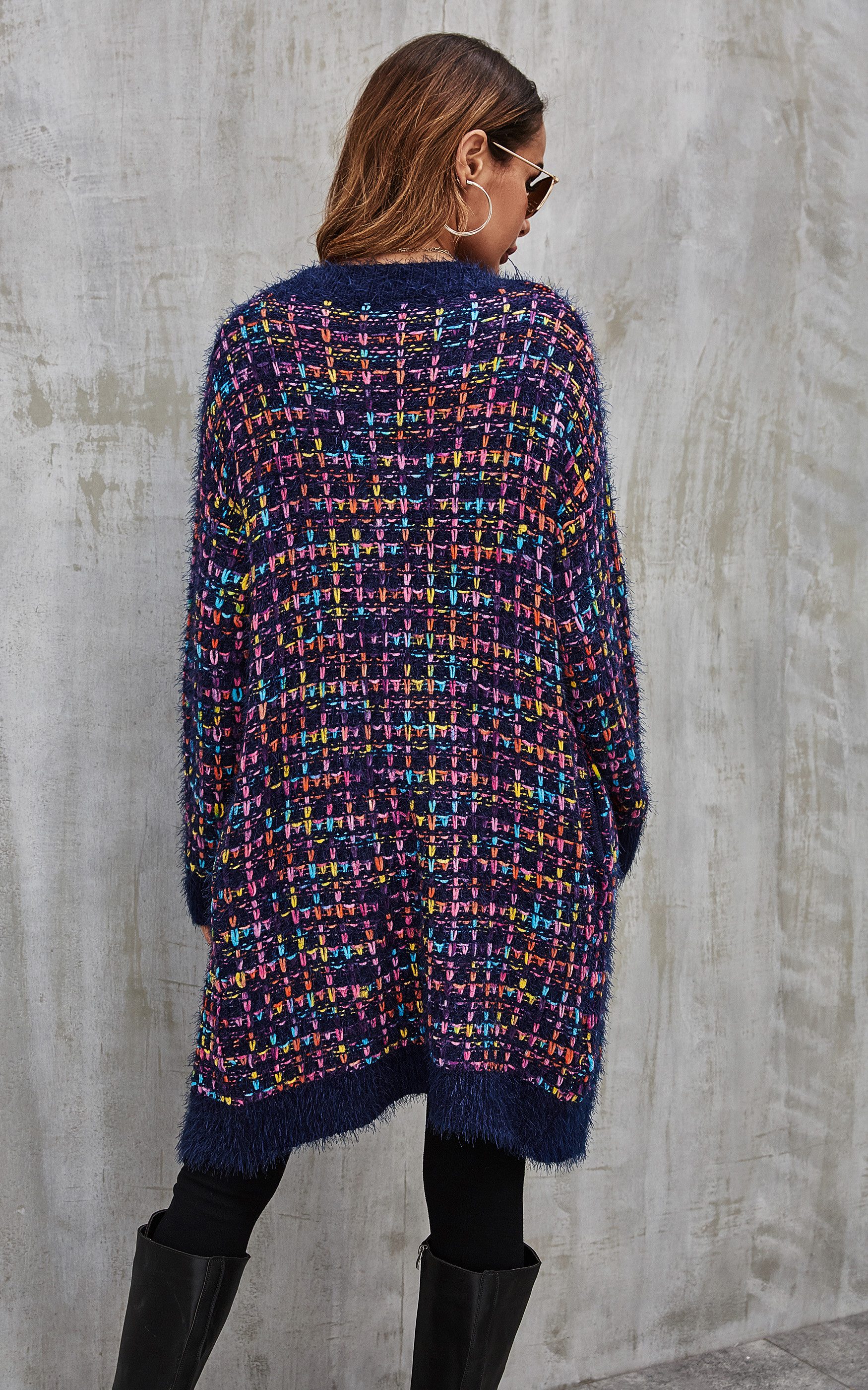 FS Collection Longstrickjacke Bouclé Strickjacke Cardigan mit Karomuster – gemütlicher Stil (Einheitsgröße: UK 8–16 / EU 36–44, 3 Farben : Cremeweiß Bunt, Marineblau Bunt und Braun Bunt) 100 % Acryl