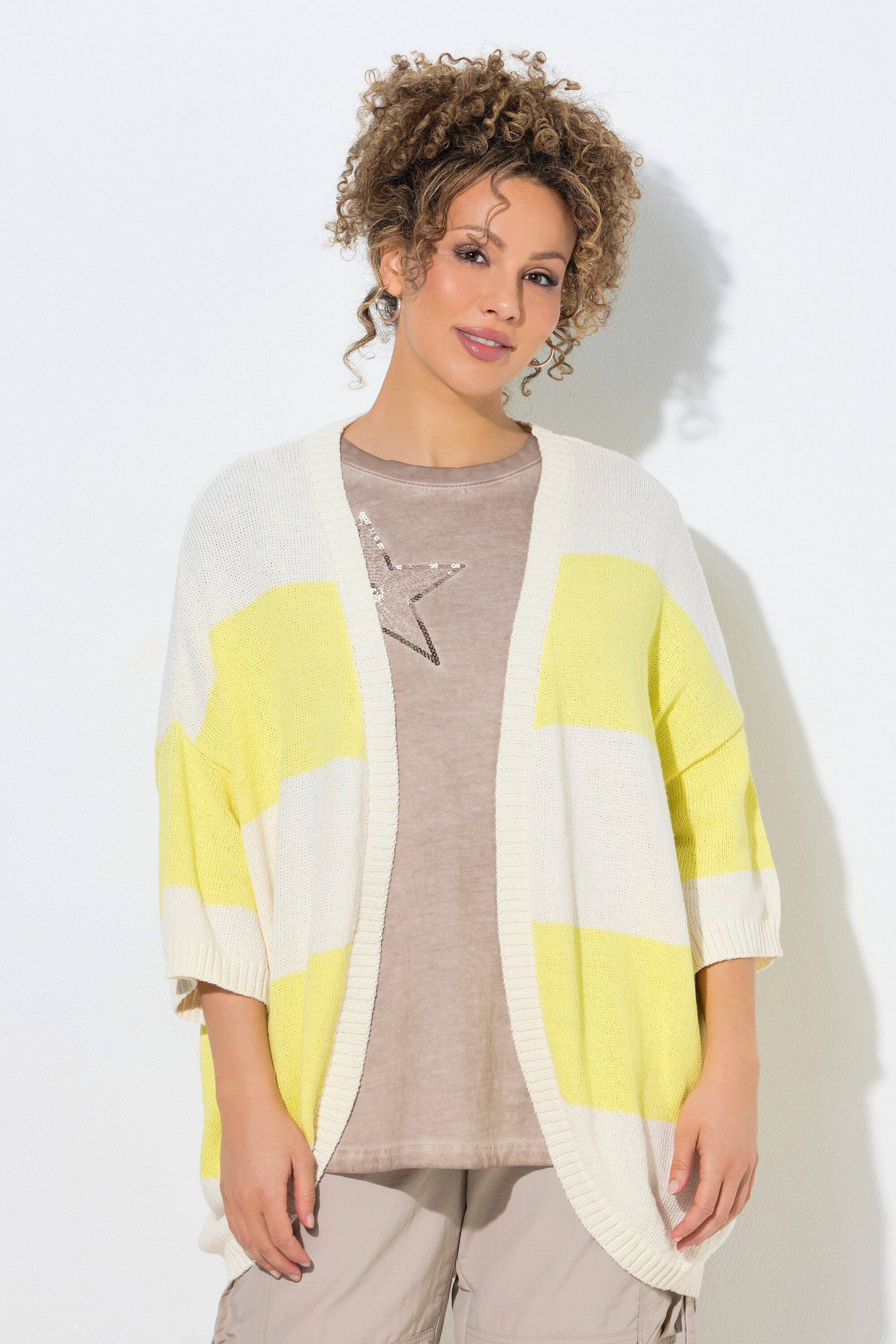 Ulla Popken Strickjacke Strickjacke Streifen Egg-Shape 3/4-Fledermausarm