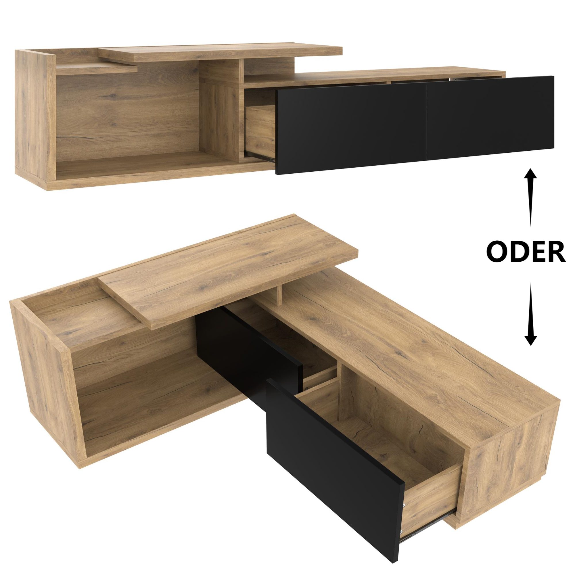 LVHOM TV-Schrank Modular 2-in-1, LED, großer Stauraum, ausziehbar bis 2m, 90° drehbar (Offener Stauraum+2 Schubladen, extravagant Stauraum, verschiebbarer TV-Schrank, rechter Schrankkörper frei positionierbar: verlängern oder L-Form, Tragkraft 50kg. Naturholz/Schwarz, LED dimmbar) Für Ecklösungen, vielseitig als Raumteiler im Wohnbereich, Sideboard