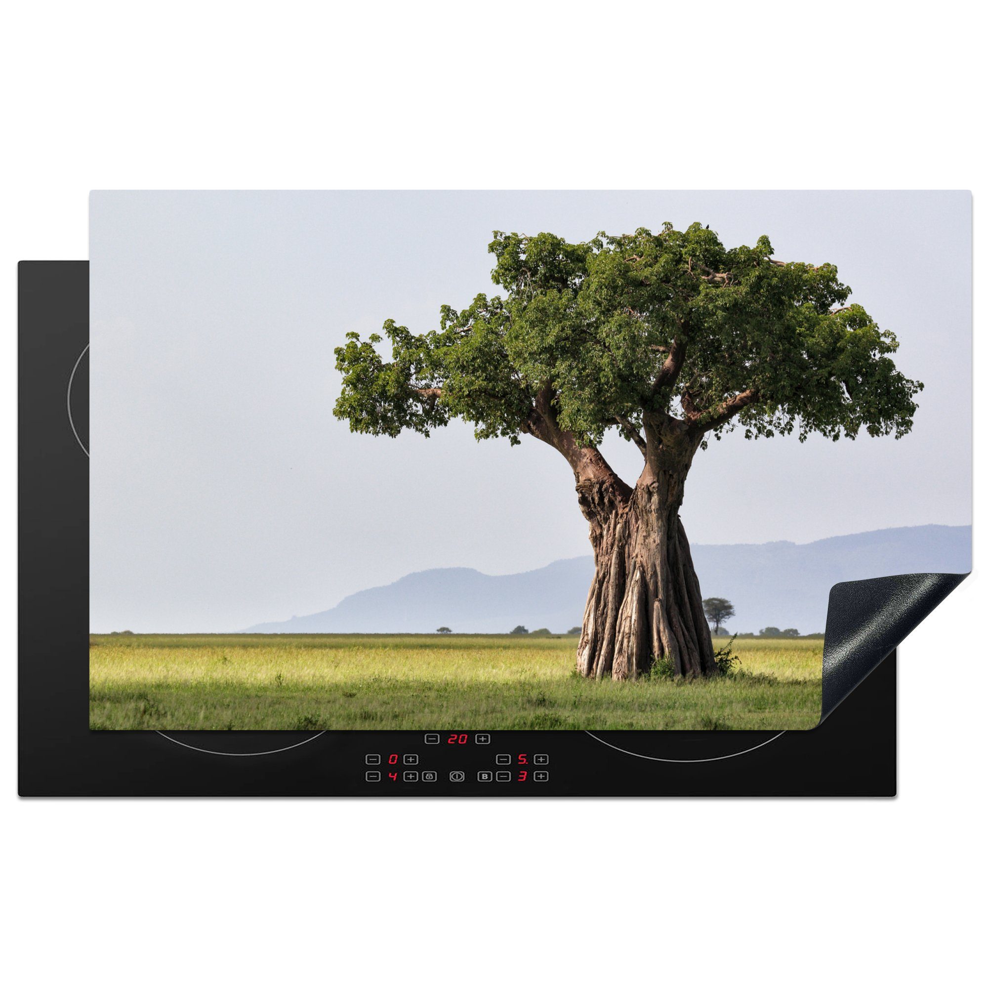riesigem Arbeitsplatte Vinyl, für und küche cm, Baobab-Baum MuchoWow grünen Blättern, Ceranfeldabdeckung, Herdblende-/Abdeckplatte mit (1 83x51 tlg), Stamm