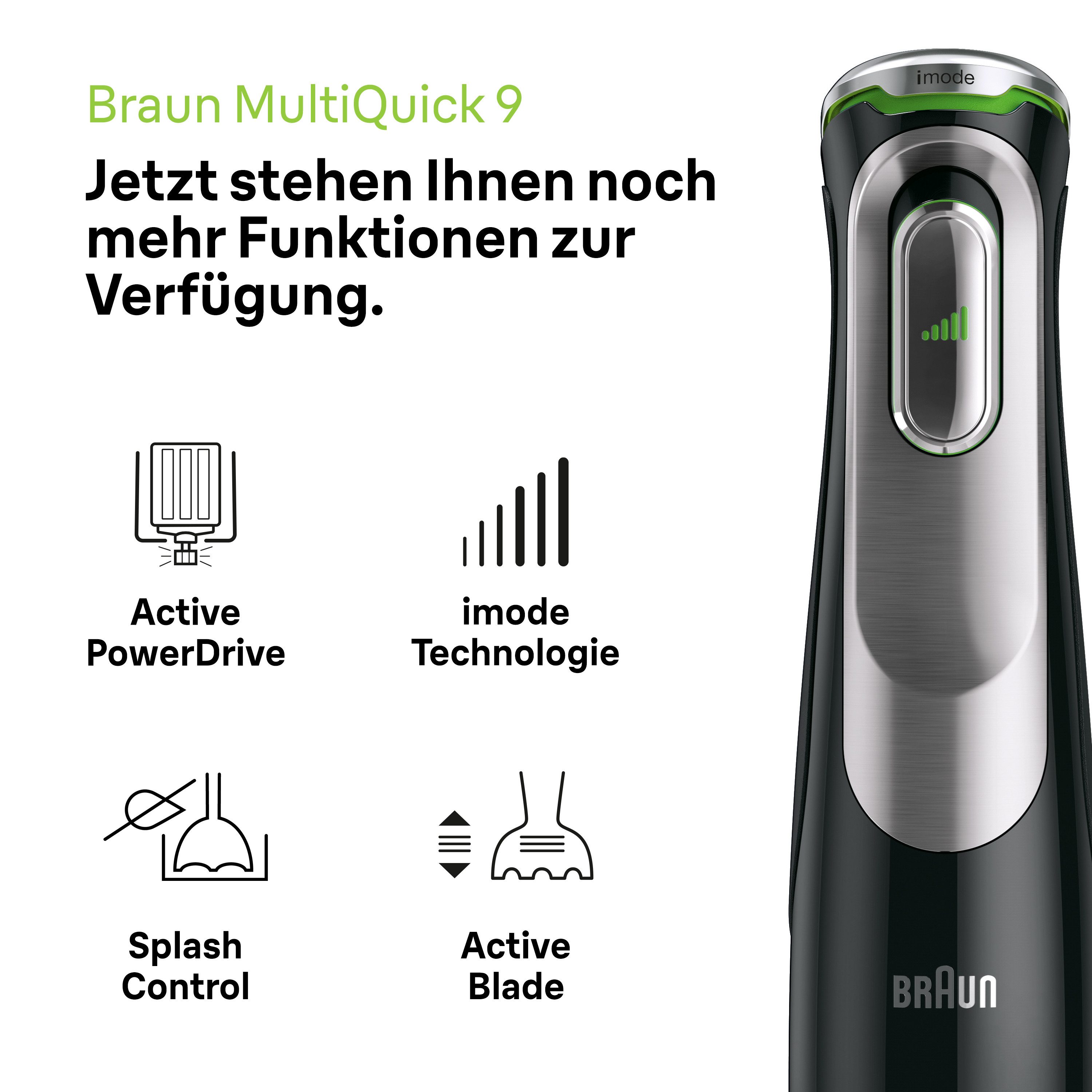 Braun Stabmixer MultiQuick 9 MQ 9187XLI - 1200W, Stufenlos, Dynamische Klinge, 1200 W, Spritzschutz, Extra Mahlklinge, 2 Modi + Pulsfunktion, Küchenmaschine