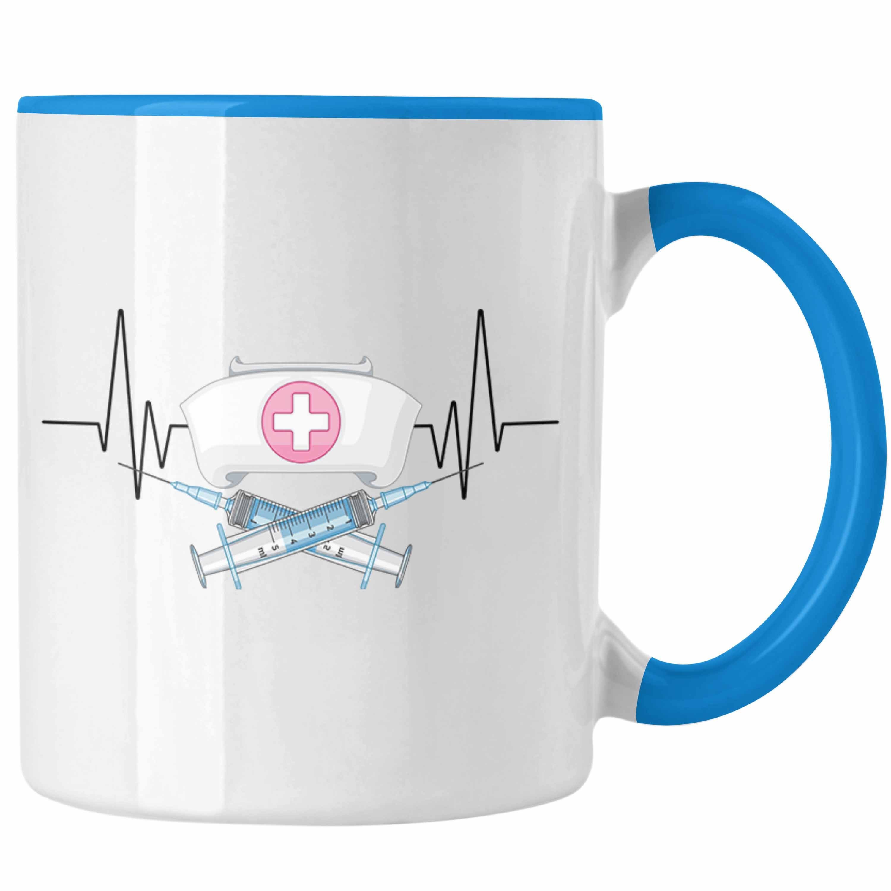 Trendation Tasse Trendation - Spritze Krankenschwester Herzschlag Tasse Geschenk für Är Blau