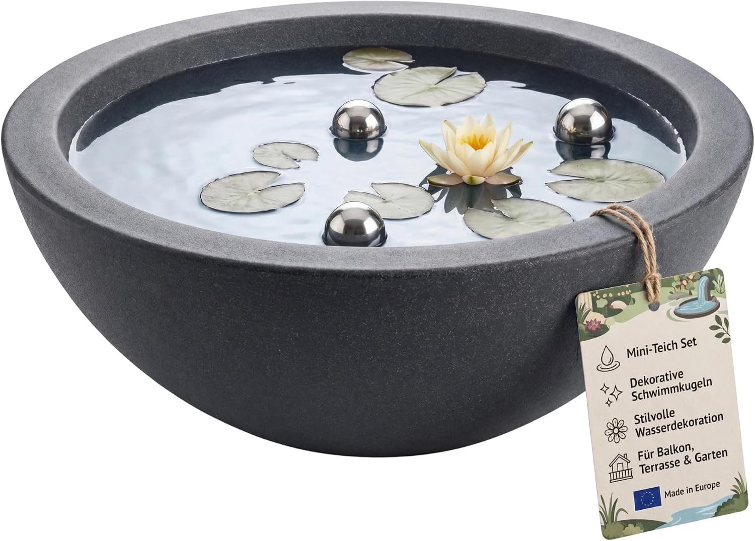 BigDean Fertigteich Brunnen Miniteich Komplettset mit Schale & Teichkugeln, (Set, 7-tlg), UV-beständig, Wetter- und frostfeste Materialien, Made in Europe