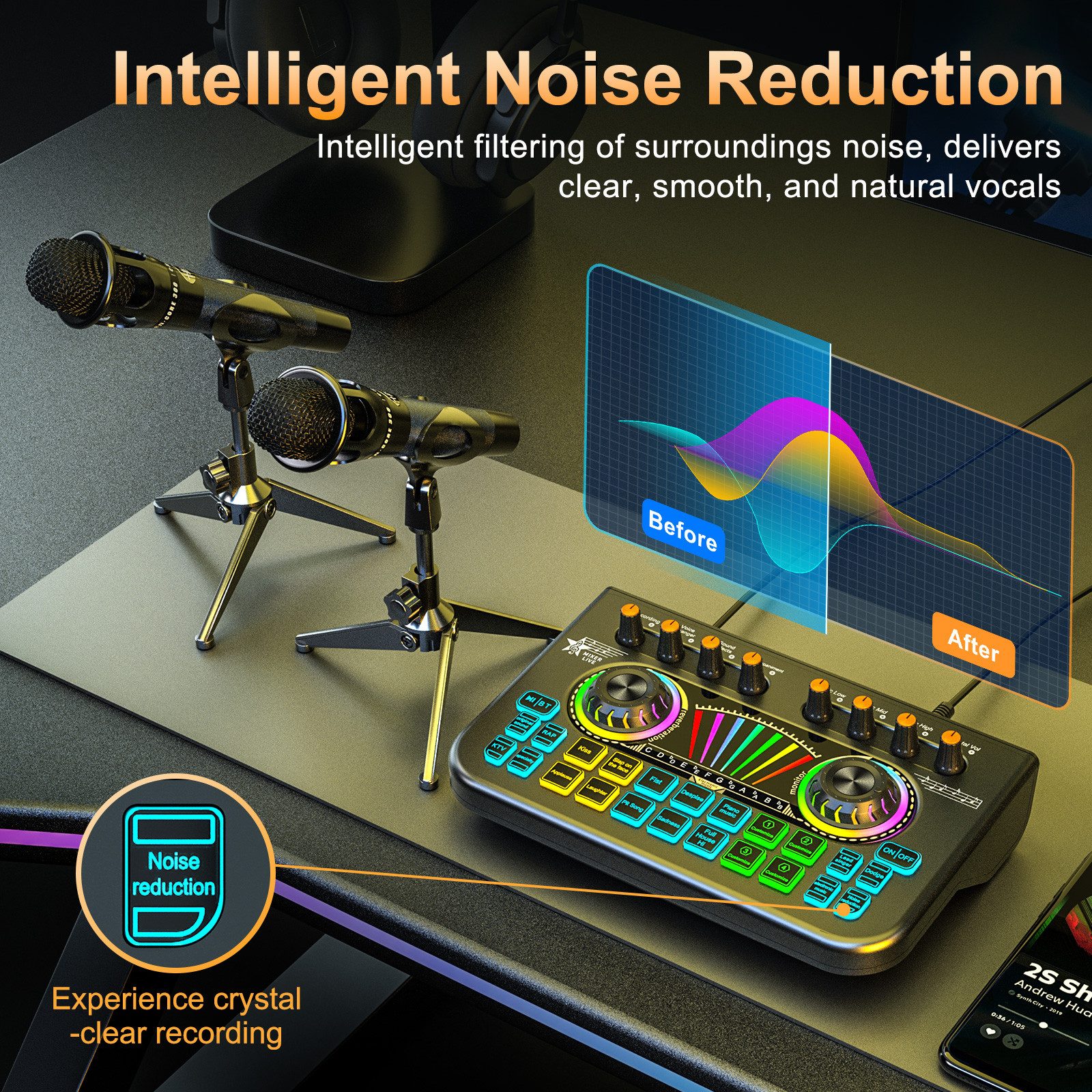 Tenlamp Podcast-Mikrofon-Set mit Soundkarte, Audio-Mixer für PC/Telefon Soundkarte 5.1 Kanäle, Kondensatormikrofon für Live-Streaming, Gaming, Sprachwechsler