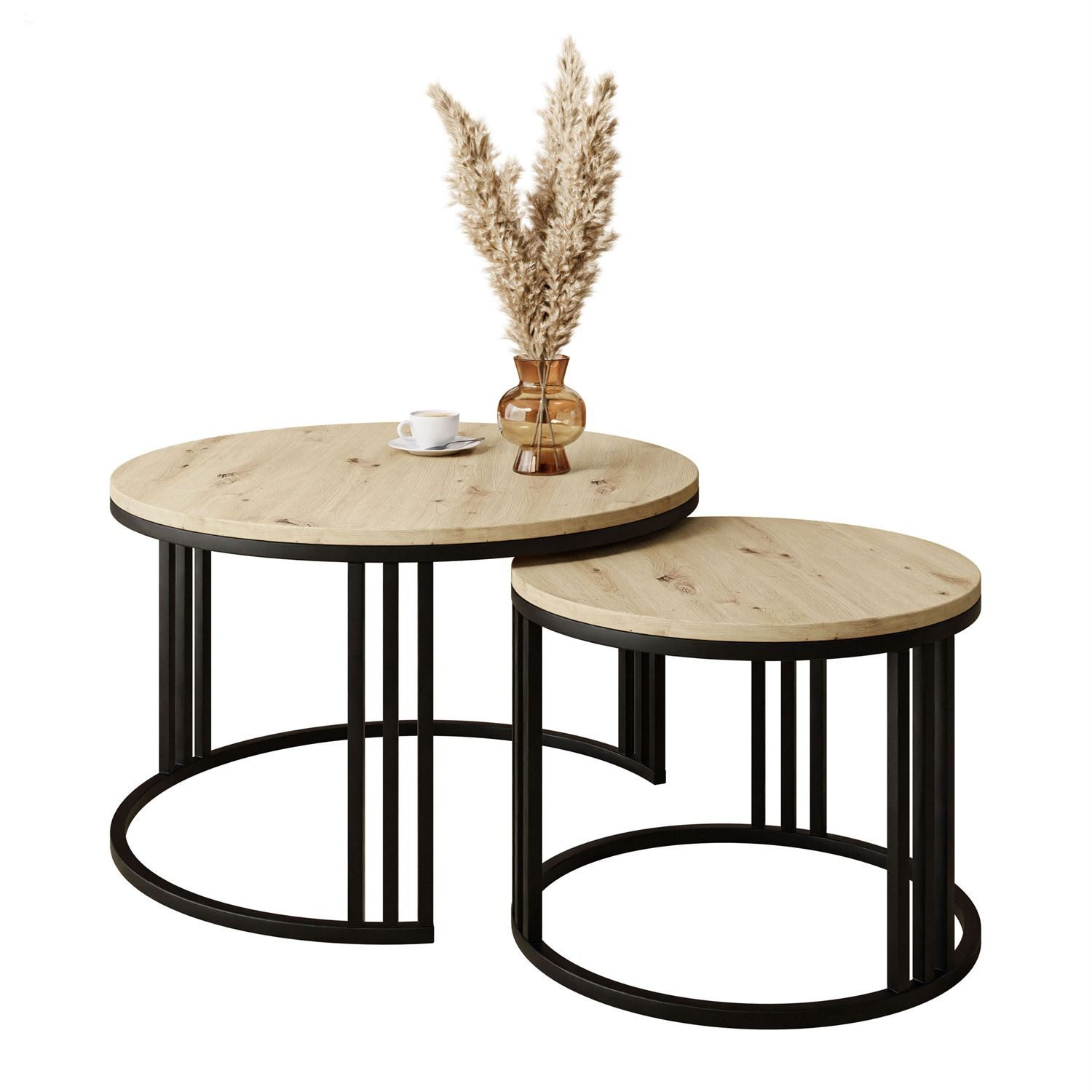 Lookway Couchtisch LORI LOFT 2in1 mit Tischplatte in Eiche-Dekor (2er Set), Durchmesser: ⌀70 cm und ⌀50 cm, Höhe: 48 cm und 42 cm