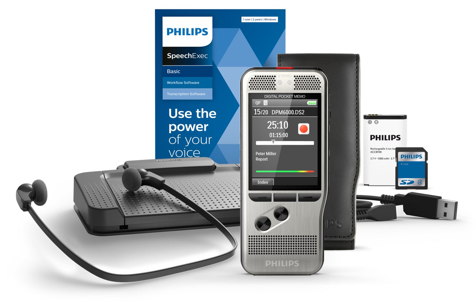 Philips PocketMemo Diktier- und Transkriptionsset DPM6700/03 Digitales Diktiergerät (Drucktasten, 16 GB SD Karte, SpeechExec Software)