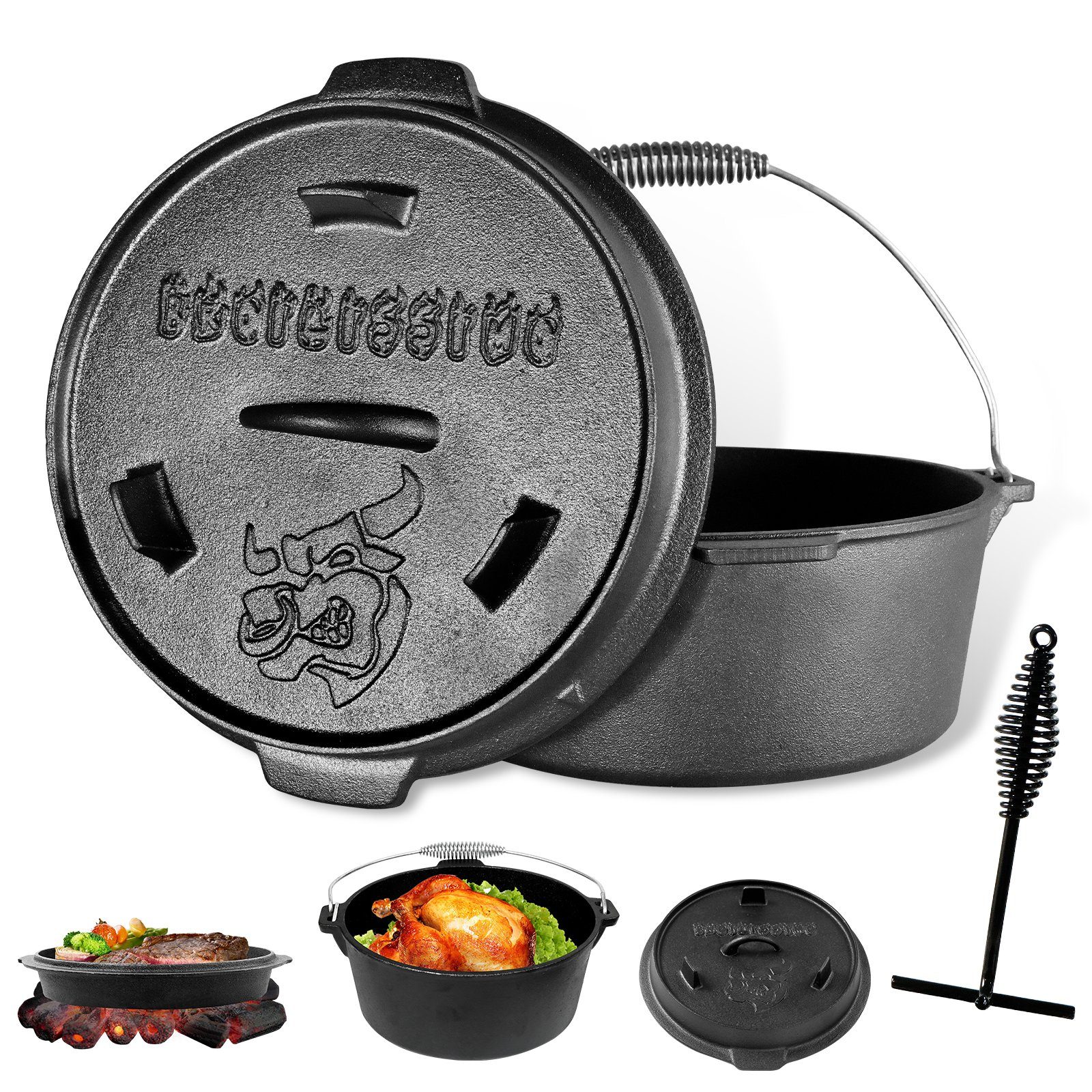 CCLIFE Grilltopf Feuertopf Gußeisen, Dutch Oven Set BBQ Schmortopf, Gusseisen Topf