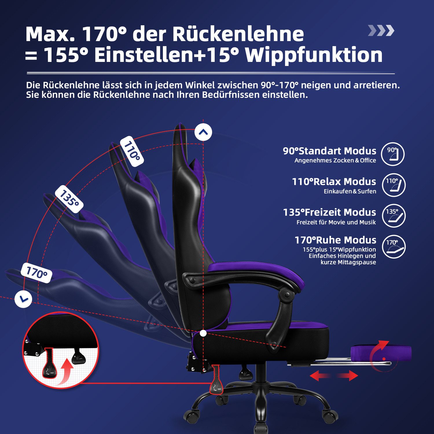 Hiazurm Gaming-Stuhl Gaming Stuhl, Bürostuhl Ergonomisch Wippfunktion bis zu 170° (Gaming Chair mit Fußstütze, 10 cm Höhenverstellung), Verstellbarem Lenden- &  – Bild 4 von 5