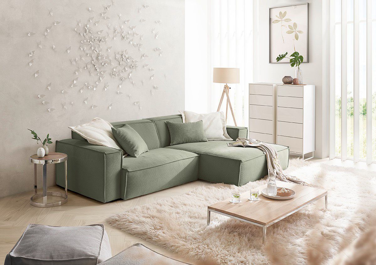 3C Candy Ecksofa Matteo in elegant, kubischer Formensprache, bequem, L-Form, mit auffälliger Kedernaht, Feincord-Bezug, Lounge-Charakter