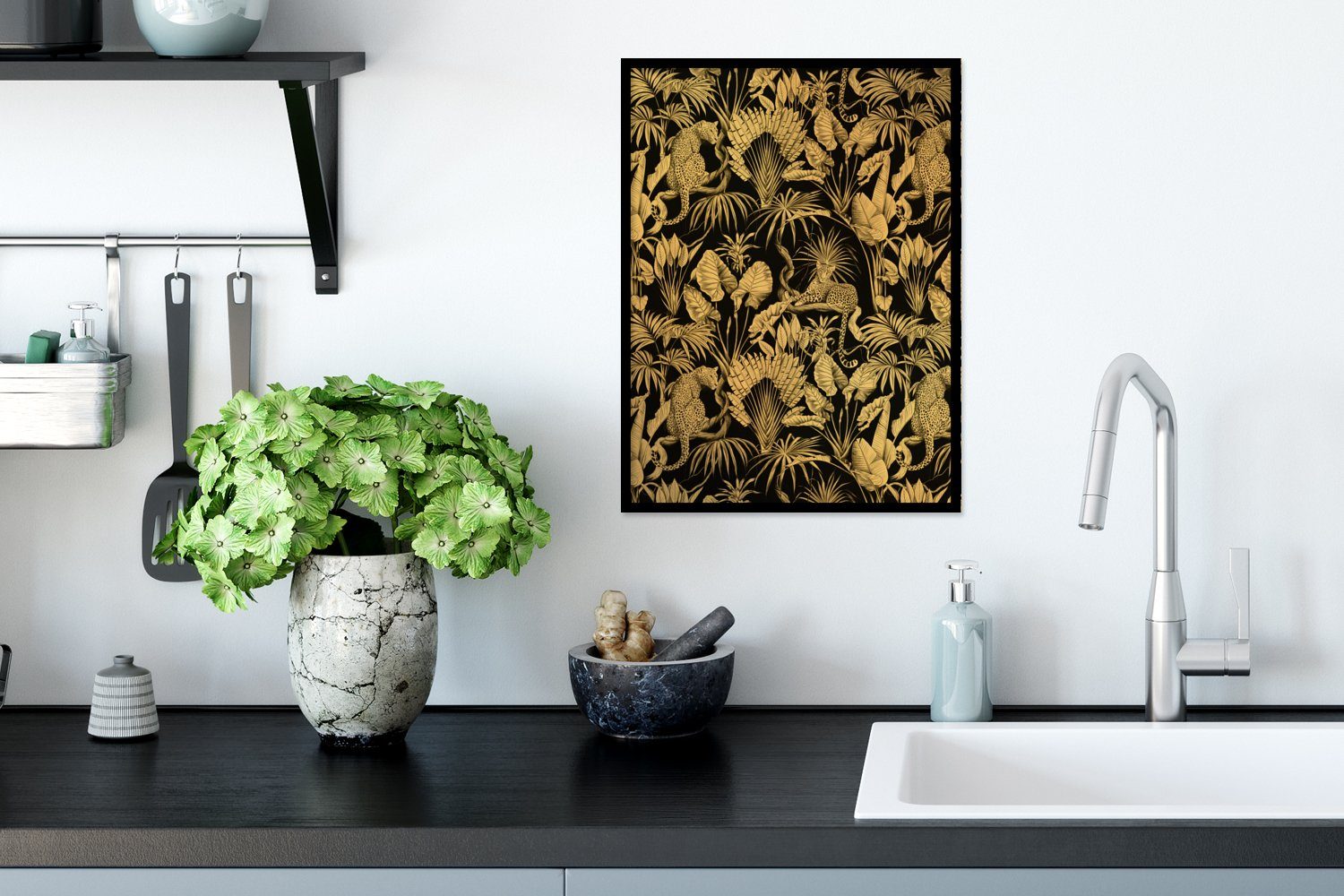 Kunstdruck, MuchoWow Gerahmtes Poster Gold mit Dschungel - (1 - - Bilderrahmen St), - Gold, und Luxus Rahmen, Schwarzem Schwarz Muster Poster,