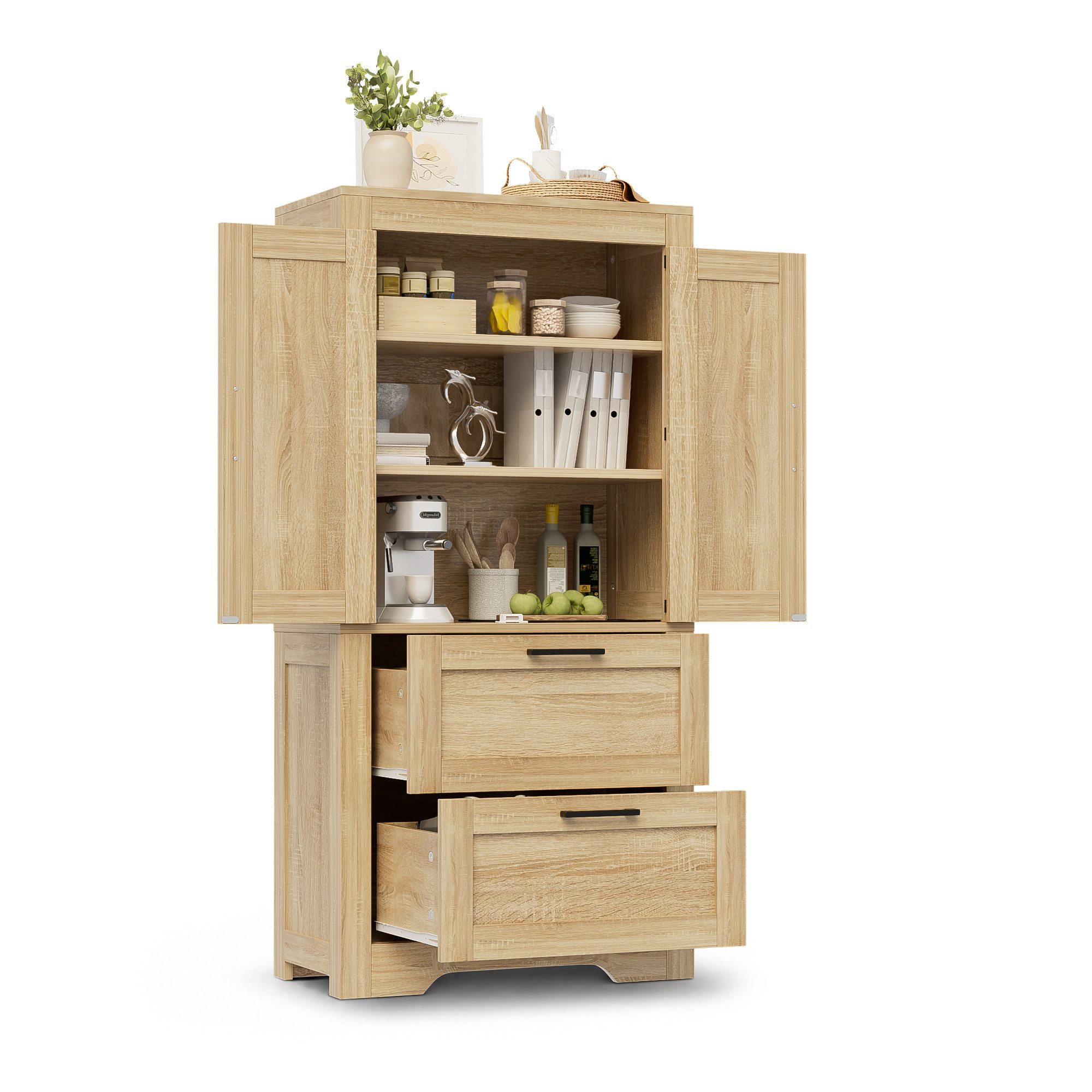 Yorbay Mehrzweckschrank Küchenschrank mit 2 Schubladen & verstellbaren Böden (60x30x128 cm,Landhausstil mit Metallscharnieren) Vielseitiger Aufbewahrungsschrank für Küche, Esszimmer & Wohnzimmer