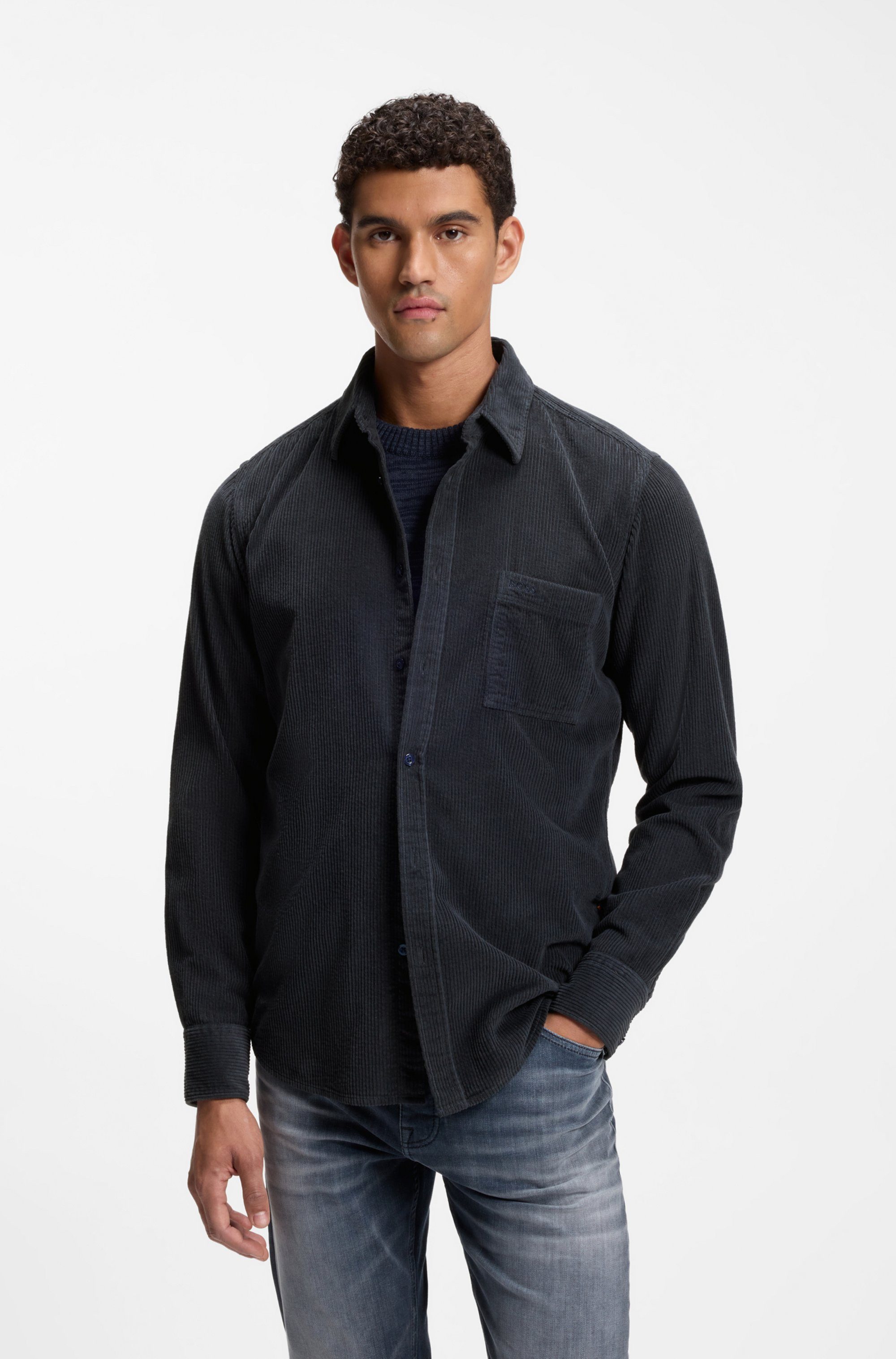 BOSS ORANGE Langarmhemd Relegant_6_M aus weichem Cord, Regular Fit, Logo-Stickerei