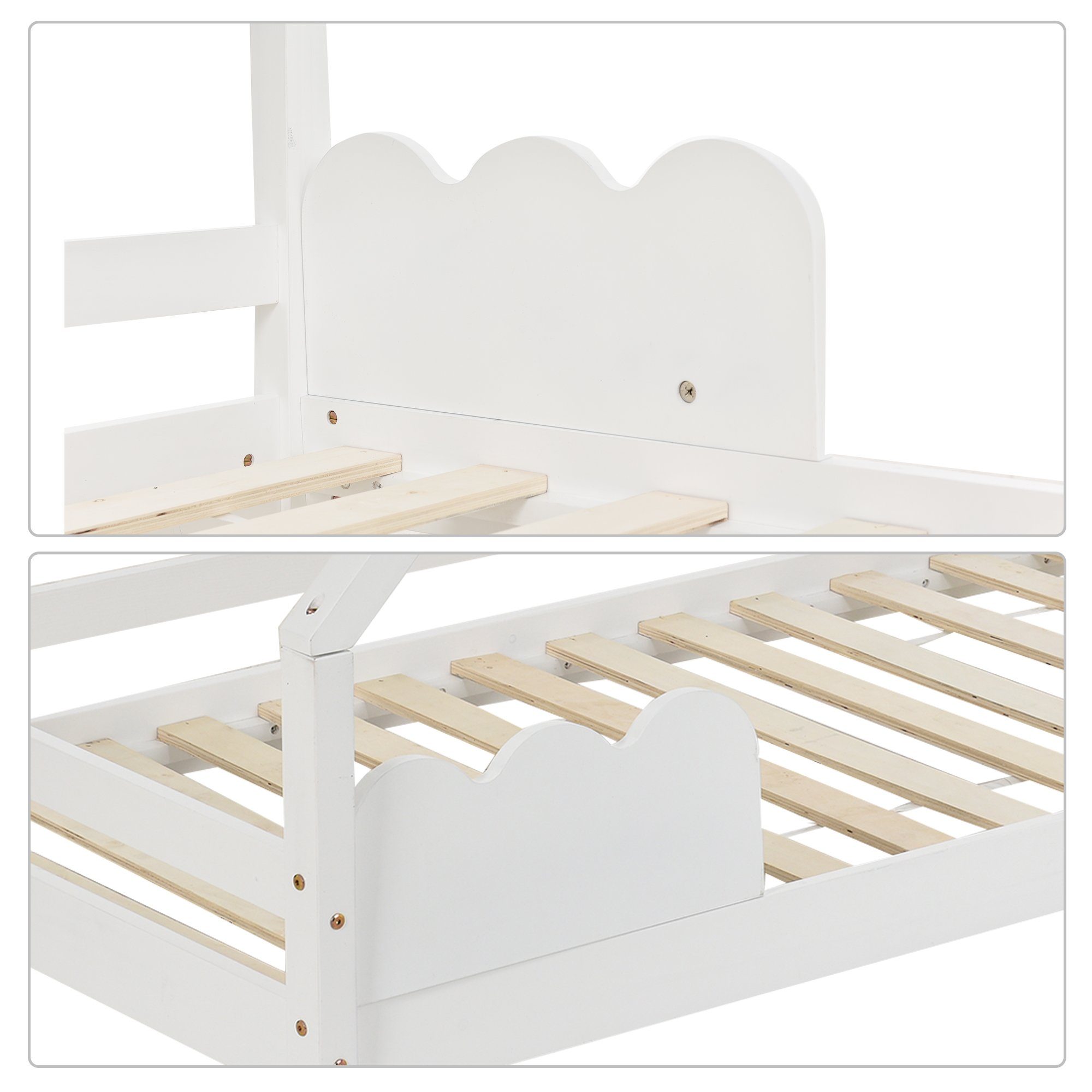 Einzelbett (1-tlg., Massivholzbett Kinderbett), Hausbett 80x160cm mit Rausfallschutz & Lattenrost, Hausoptik mit Dach