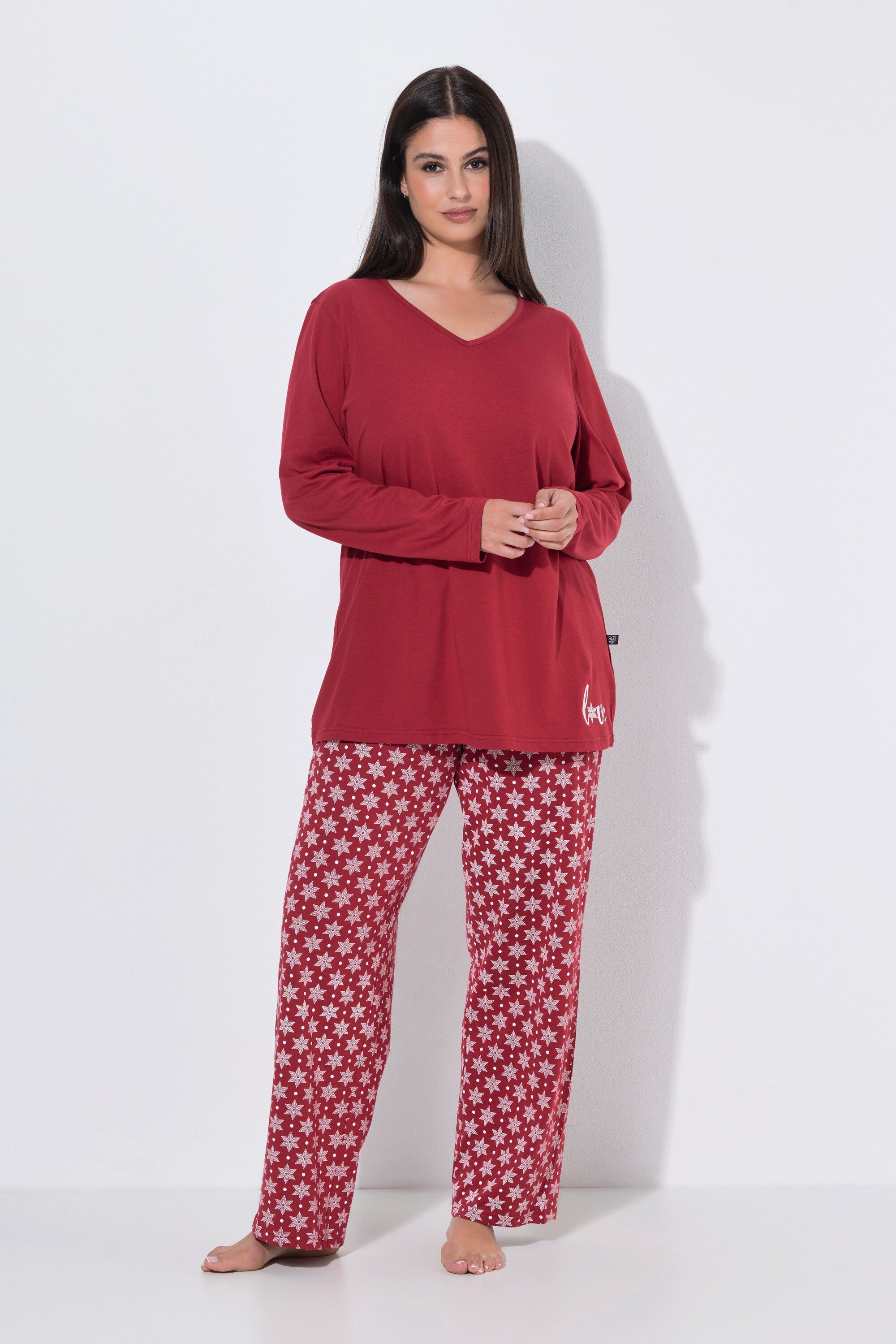 Ulla Popken Pyjama Pyjama Schneeflocken V-Ausschnitt Langarm