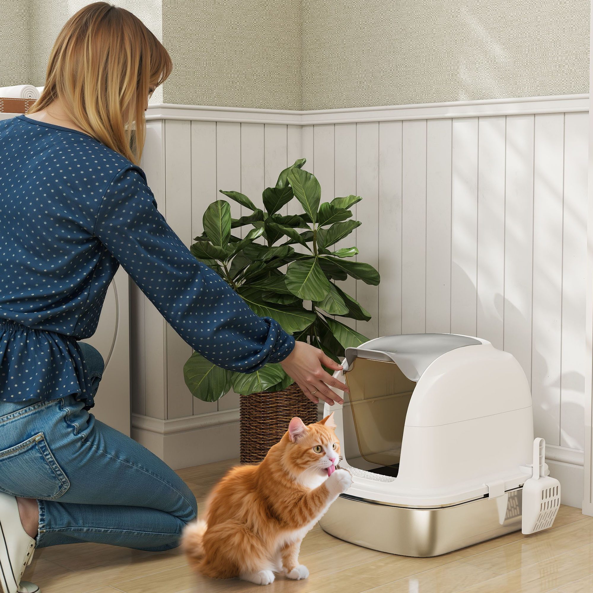 PawHut Katzenklo Edelstahl mit Deckel, Katzentoilette mit Wanne, Streuschaufel, Weiß von PawHut