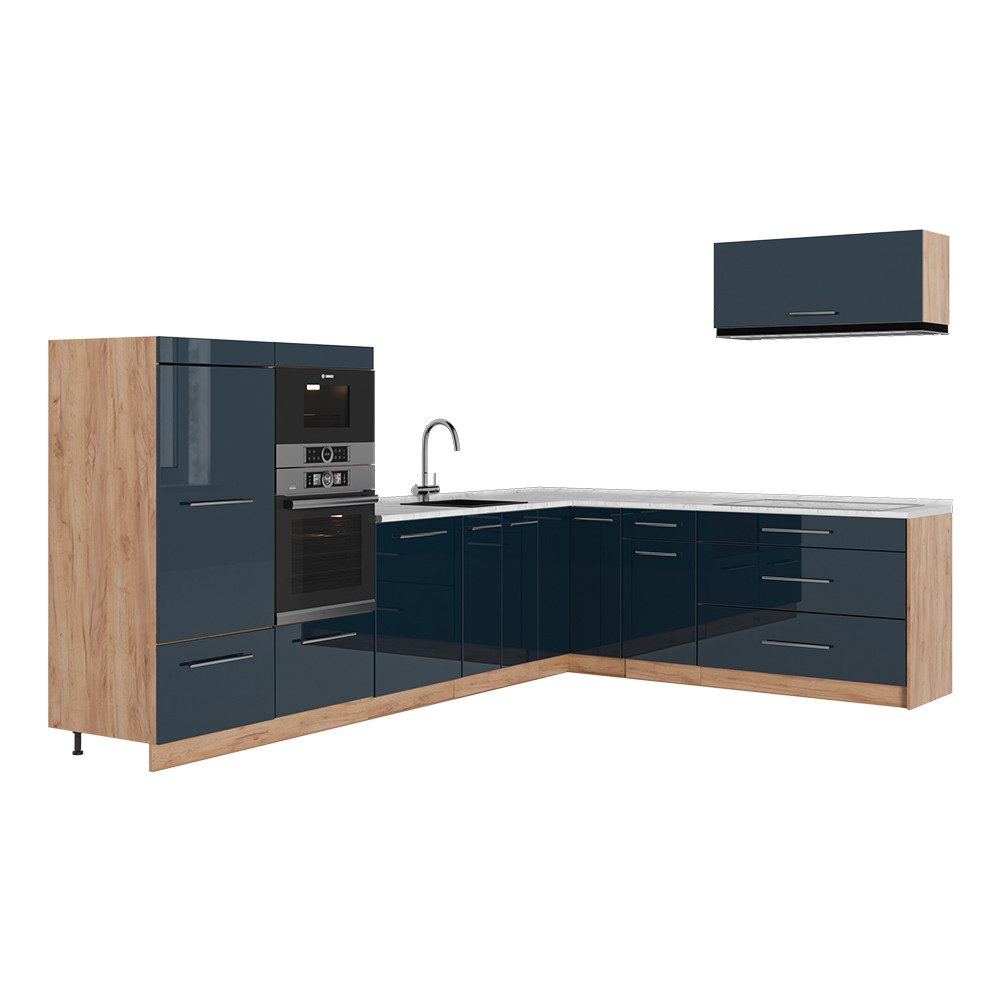 Vicco Winkelküche Fame-Line, Dunkelblau Hochglanz/Goldkraft Eiche, 327 x cm, AP Marmor
