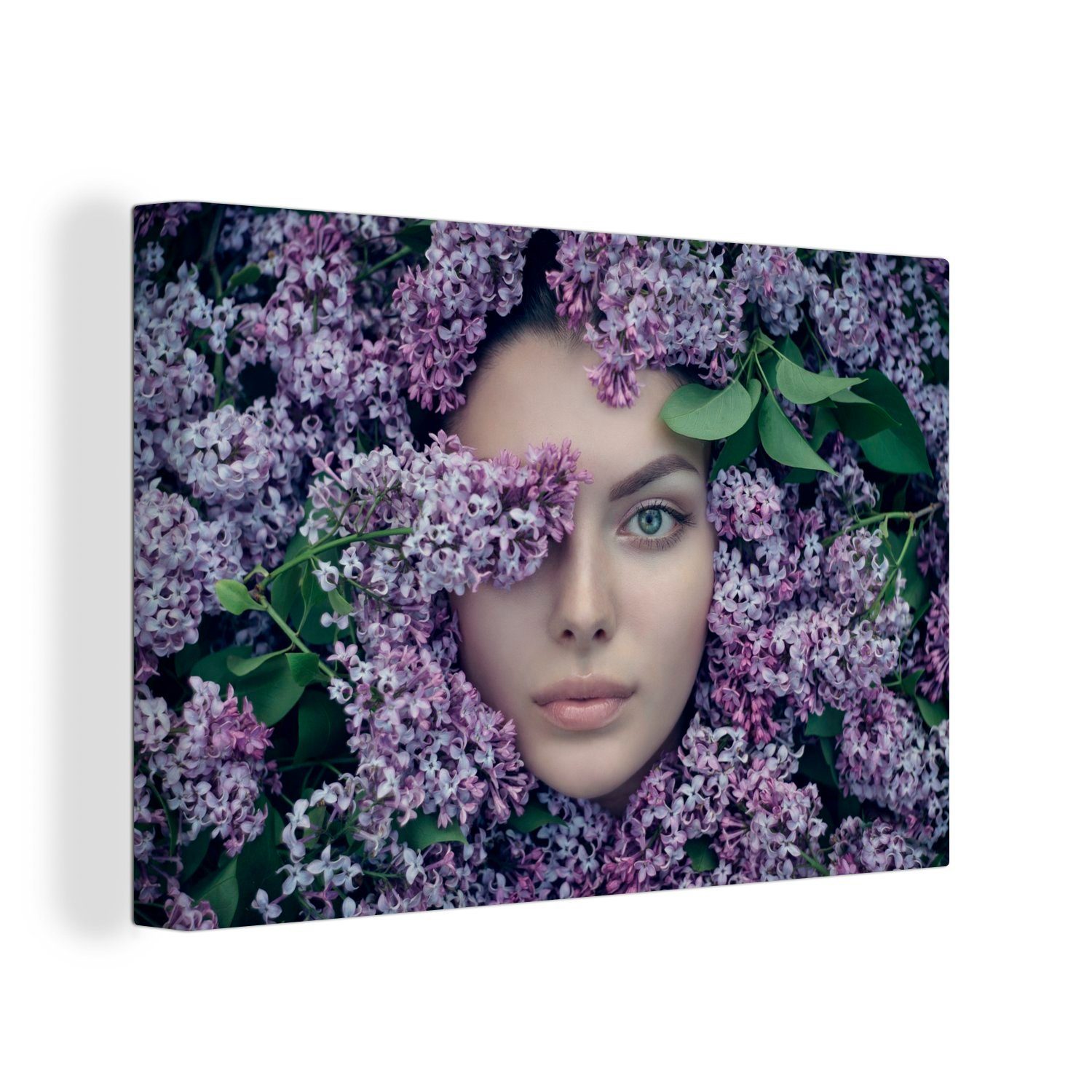 OneMillionCanvasses® Leinwandbild Frauen - Blumen - Lila, (1 St), Wandbild Leinwandbilder, Aufhängefertig, Wanddeko, 30x20 cm | Leinwandbilder