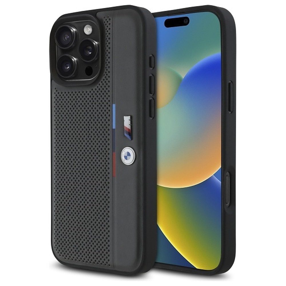 BMW Handyhülle Schutzhülle Hartschale Smartphonetasche 6,9 Zoll, Perforiertes Kunstleder, Tricolor-Streifen, Metalllogo