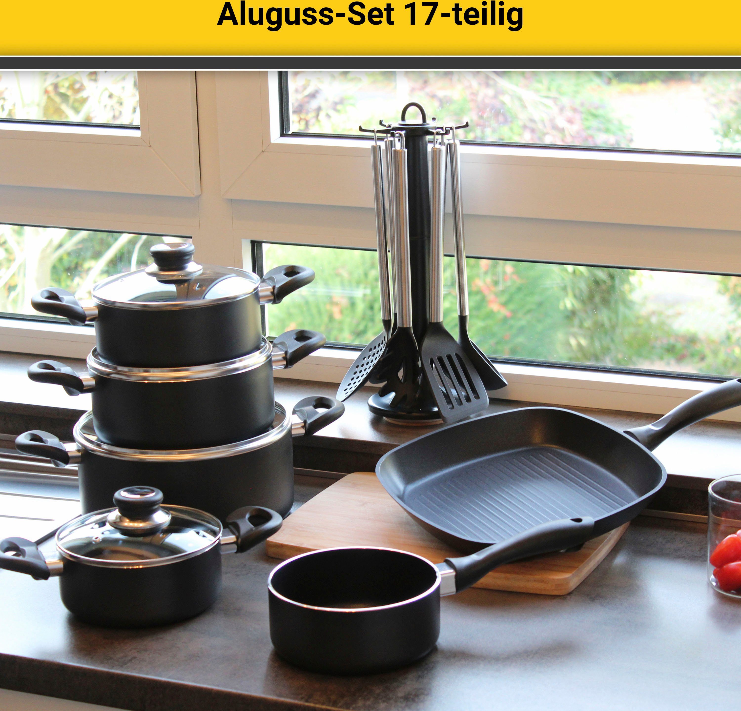 Krüger Topf-Set Aluguss Topf- und Pfannenset inkl. praktischen Küchenhelfern, 17 tlg., Aluminiumguss (Set, 17-tlg., Fleischtopf 16/18/20/24cm, Stieltopf 16cm Steakpfanne 7 T.Küchenhelfer), inkl. 7-tlg. Küchenhelfer-Set