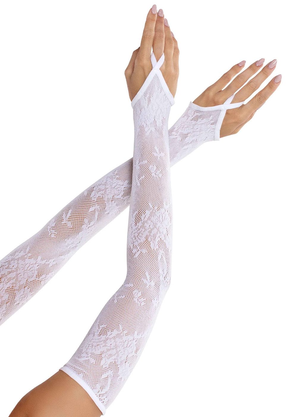 Leg Avenue Abendhandschuhe Handschuhe aus floralem Netz extra lang - weiß (1-St) dehnbar und bequem