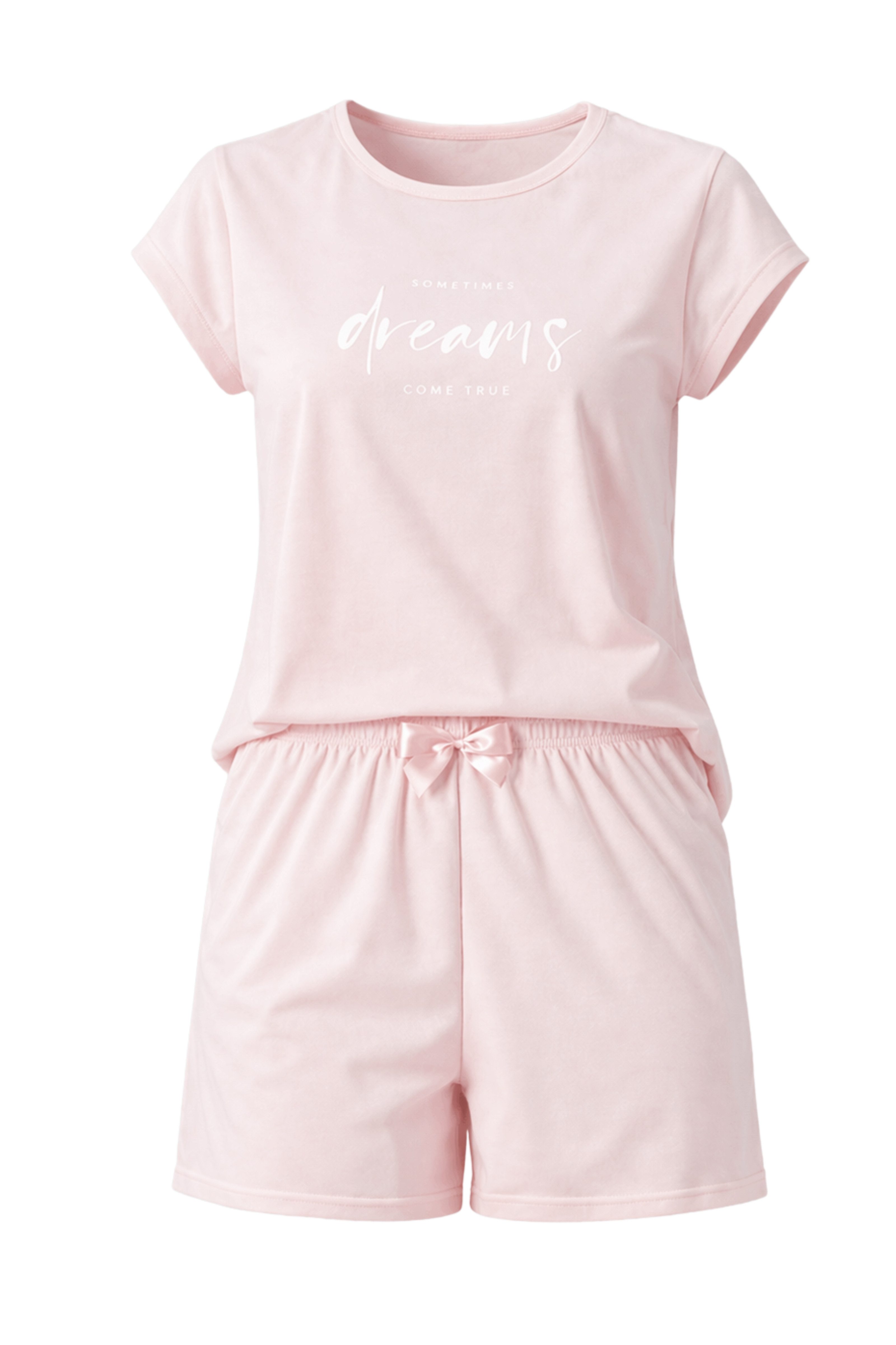 COOLISMO NIGHTWEAR Shorty Sommer-Pyjama Damen kurz (2 tlg) weicher Baumwoll-Shorty in Apricot mit Print-Shirt & femininer Shorts