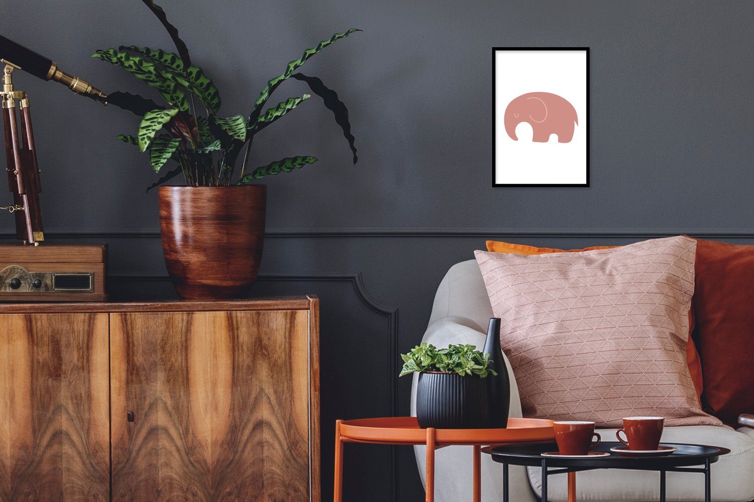 MuchoWow Poster Elefant - Tiere - Rosa - Mädchen, (1 St), Gerahmtes Poster, Wanddeko, Bilder, Wandposter, Schwarzem Bilderrahmen
