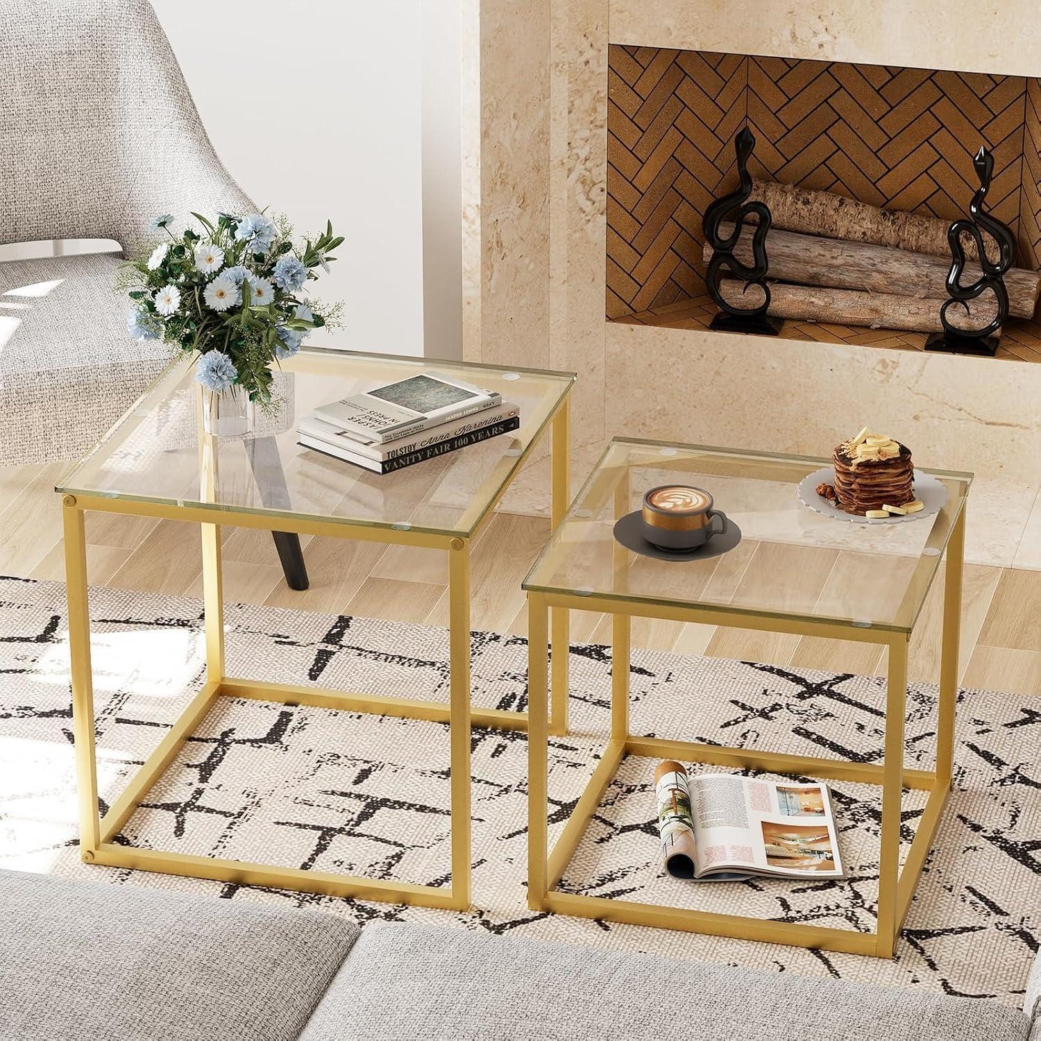 LuxusKollektion Couchtisch Quadratisch Couchtisch Set Glas Stahl Gold 50/45 cm