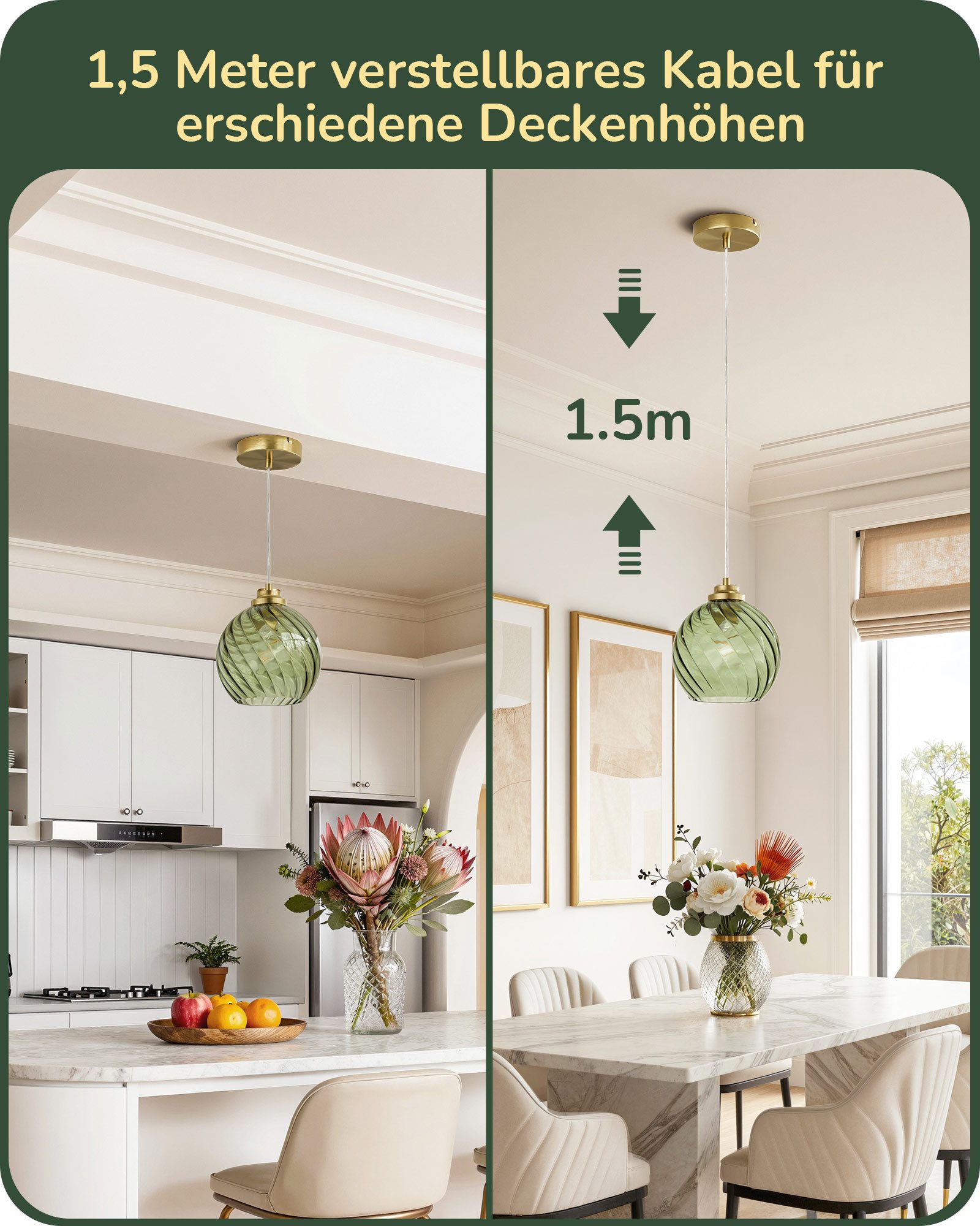 EDISHINE Pendelleuchte für Esstisch, Hängeleuchte mit Glas Lampenschirm, Höhenverstellbar, LED wechselbar, warmweiß, Hängelampe für Kücheninsel, Flur, Grün Lamp – Bild 5 von 5
