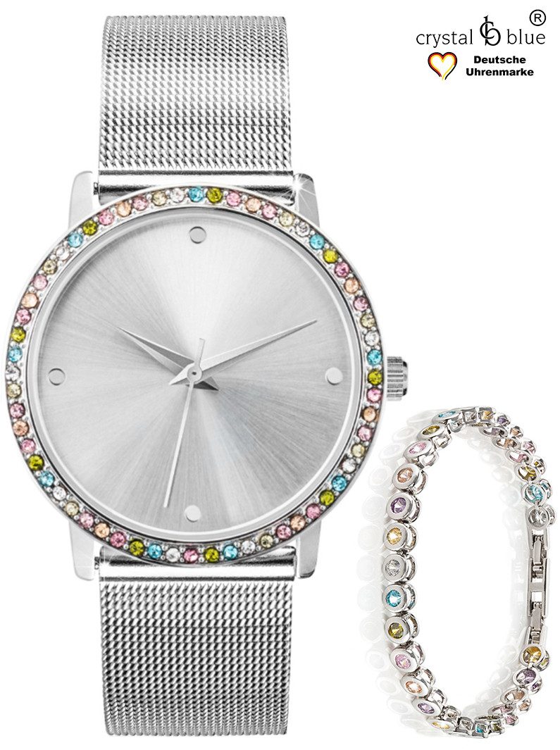 crystal blue Quarzuhr Damenuhr Mesh & Tennisarmband silber mit cubic Zirkon günstig online kaufen