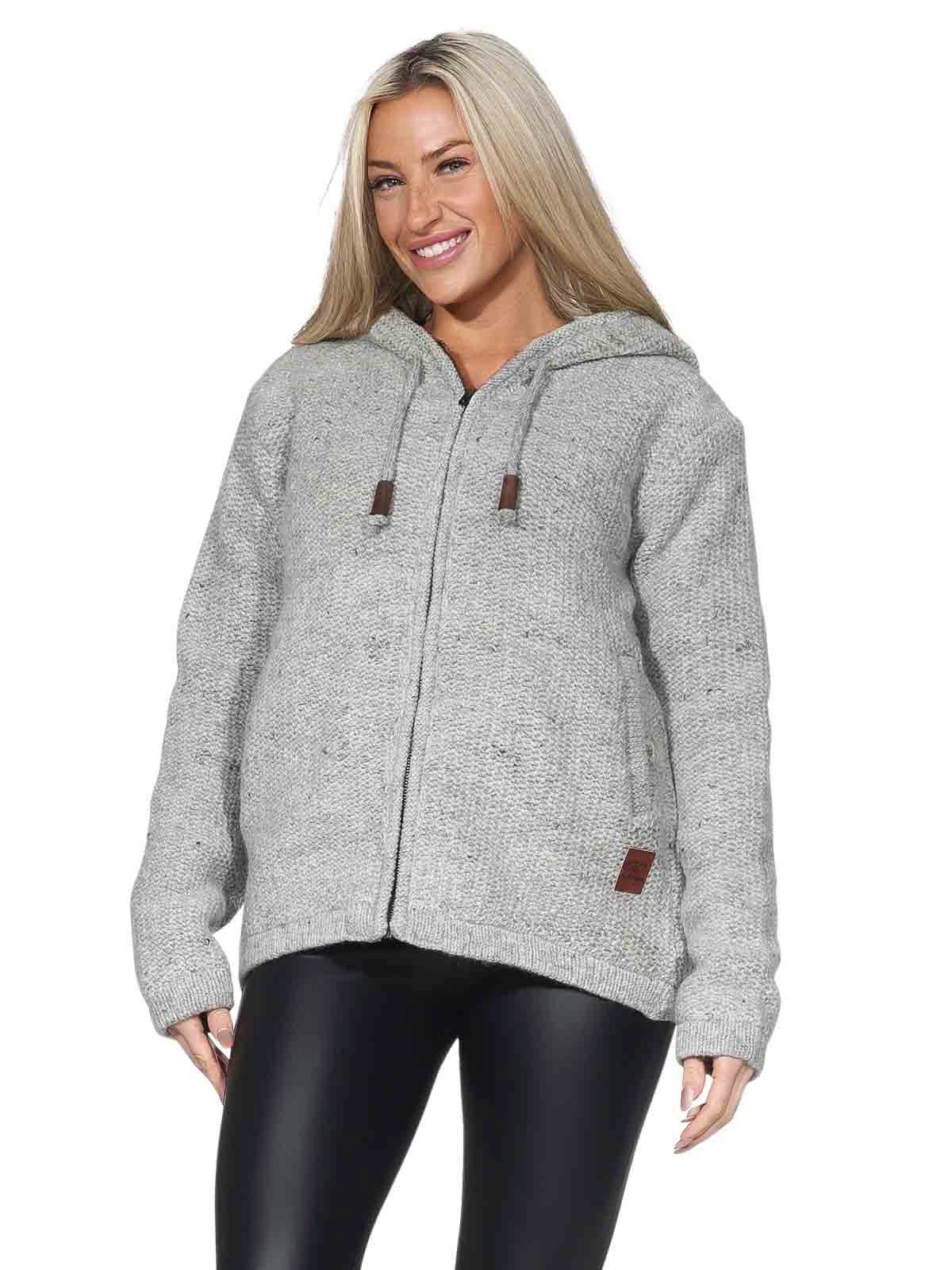 KUNST UND MAGIE Kapuzenstrickjacke Klassische Damen Strickjacke Wolle Jacke+Fleecefutter und Kapuze