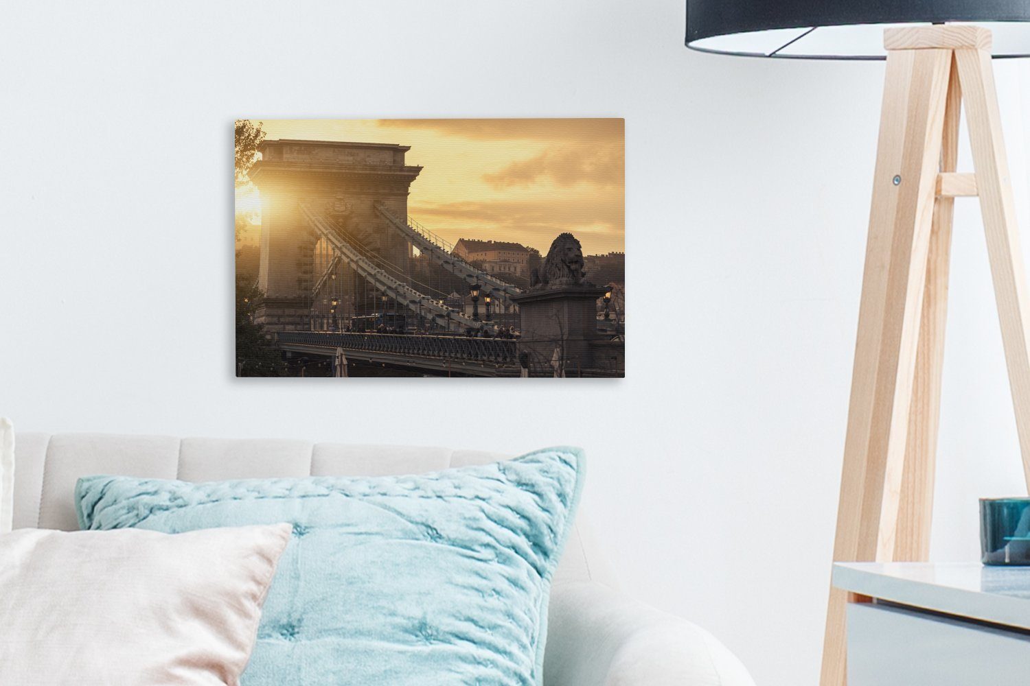 30x20 St), Budapest - cm Wanddeko, Leinwandbild OneMillionCanvasses® Kettenbrücke - Wandbild Aufhängefertig, Leinwandbilder, Sonne, (1
