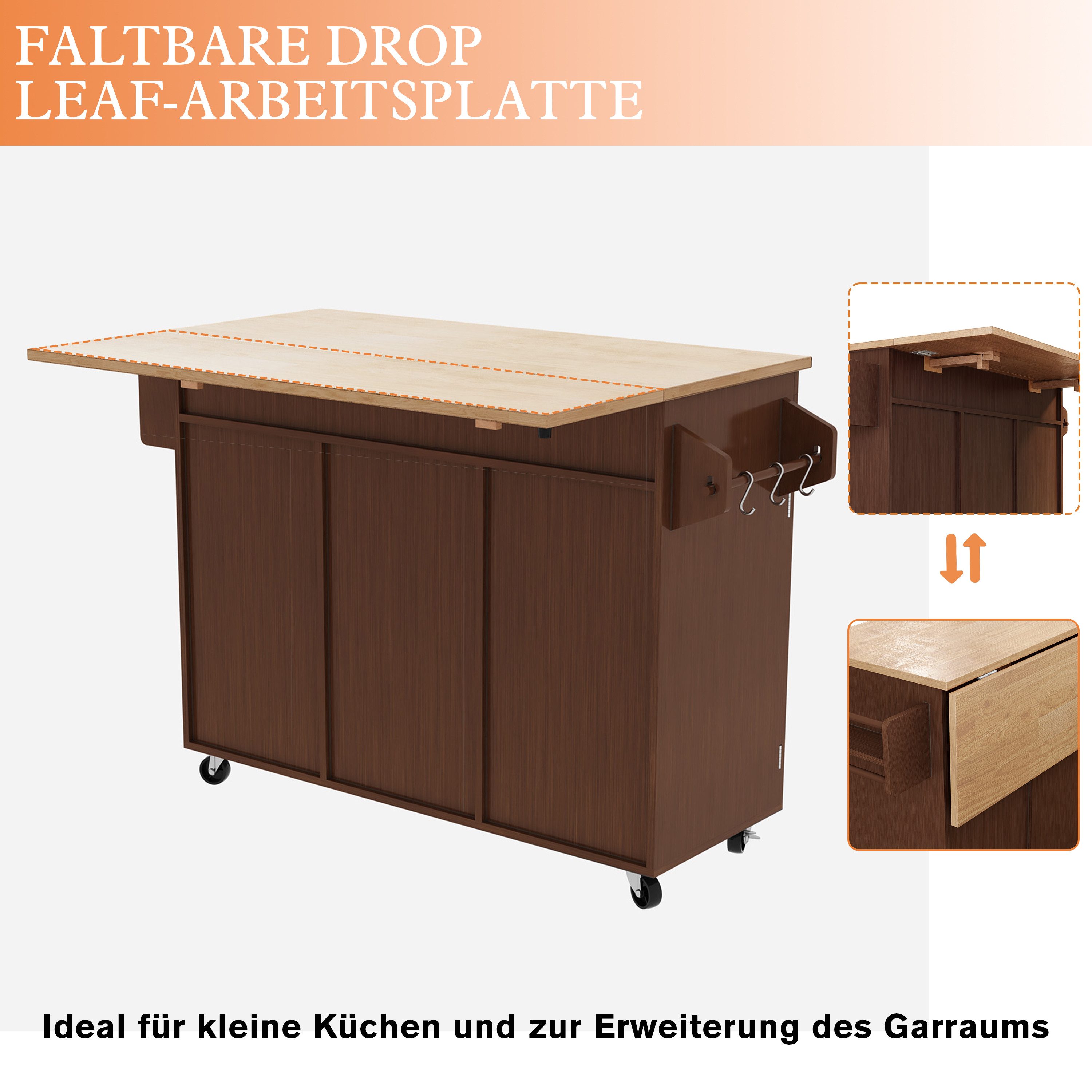 HOLTICO Küchenwagen mit abklappbarer Arbeitsplatte, Kücheninsel auf Rädern, (Praktische Kücheninsel mit Klapptisch & 360° drehbaren Rollen – Stauraum., 1 St), Kücheninsel-Tisch mit Lagerungsschrank und Turmregal