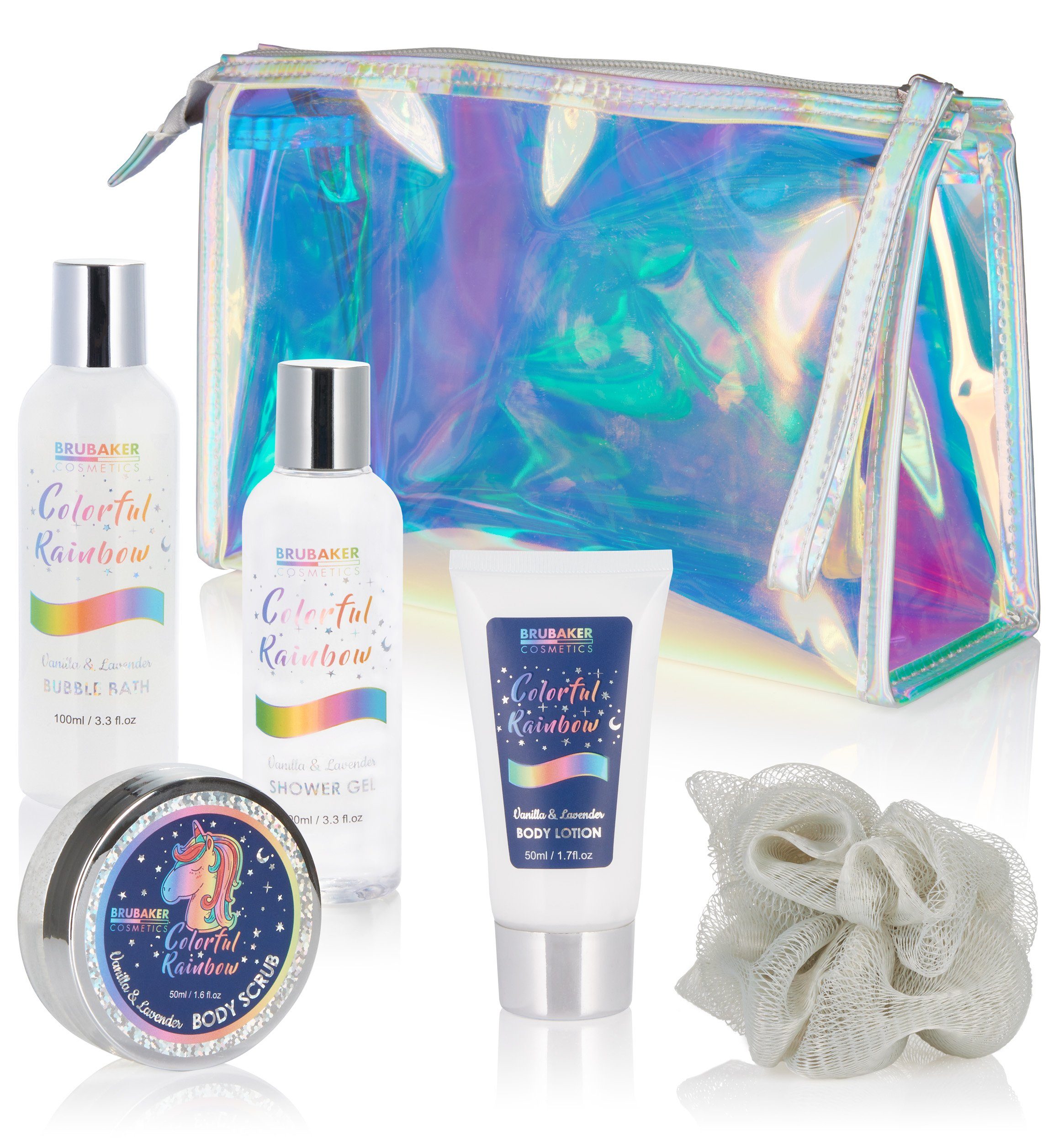 6-tlg., Kosmetiktasche, Frauen, und für Dusch- Geschenkset Vanille Set Pflegeset, Hautreinigungs-Set mit Lavendel BRUBAKER Badeset Duft Einhorn in Wellness