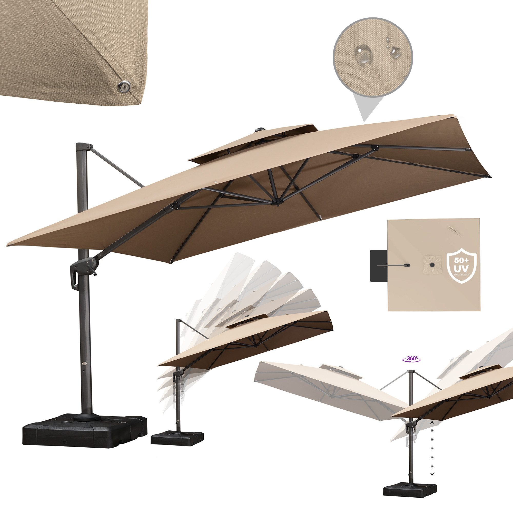 PURPLE LEAF Sonnenschirm Außenbereich Alu Doppeldach Sonnenschirm Ampelschirm, Terrassenschirm, LxB: 300,00x300,00 cm, 360°Rotation, Sonnenschutz UV50+, für Terrasse, Balkon