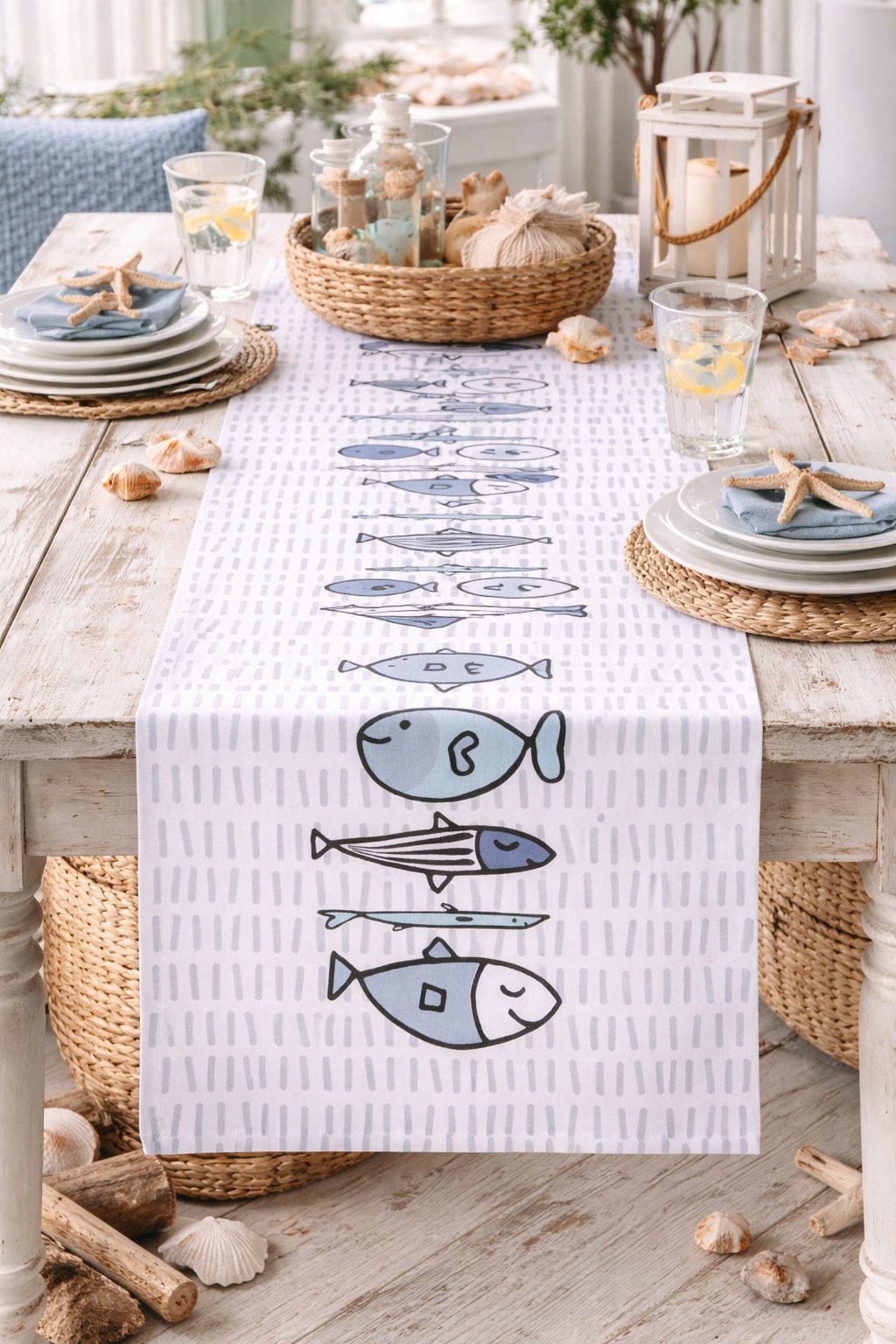 BOLTZE GRUPPE GmbH Tischläufer Tischläufer Fish Baumwolle Blau Fisch Motiv Tischdekoration (1-tlg)