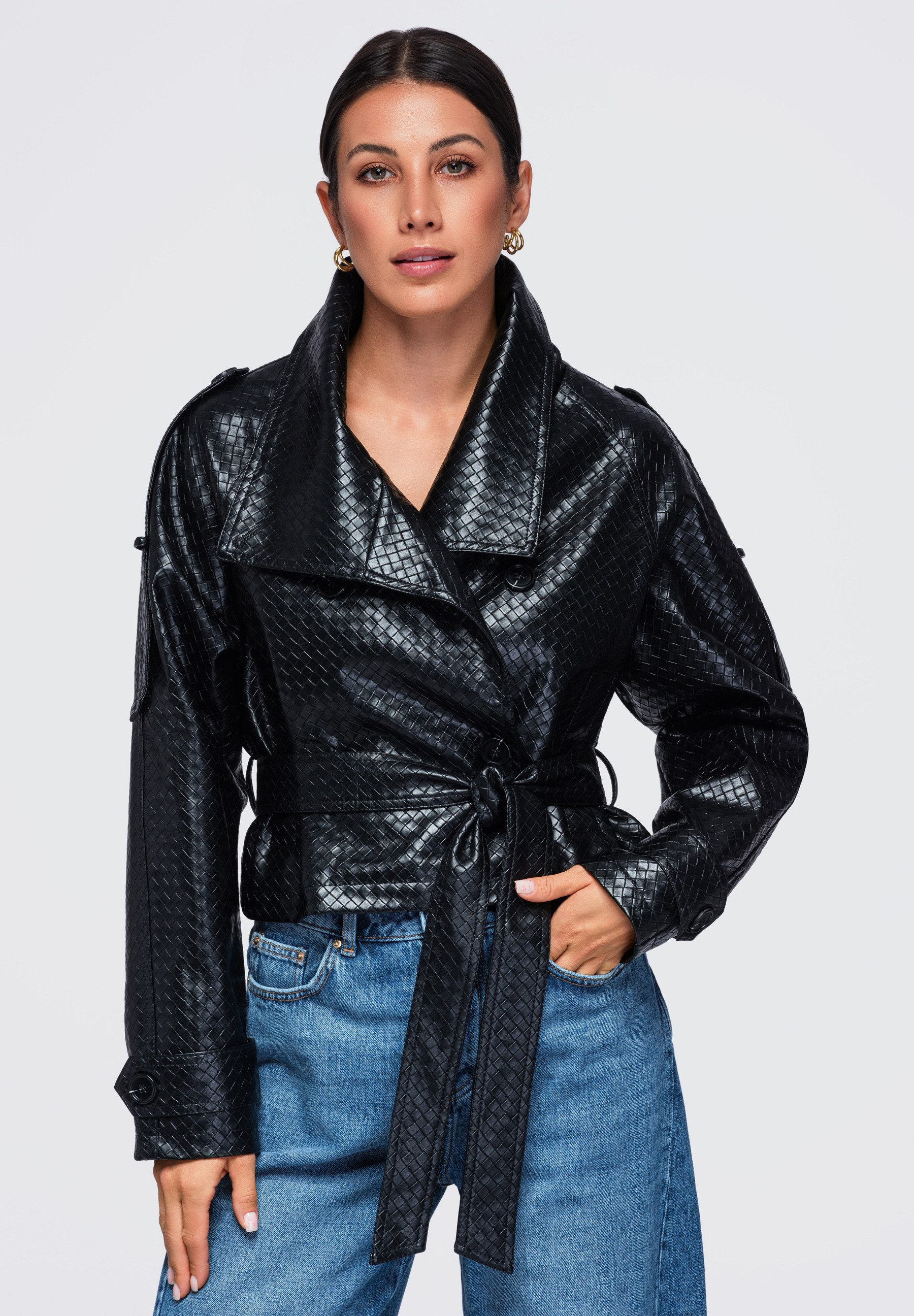 OMBRE Lederimitatjacke Damen Lederimitatjacke mit breitem Kragen und Gürtel Schwarz M/L (kein Set, 1-St) in Unifarbe