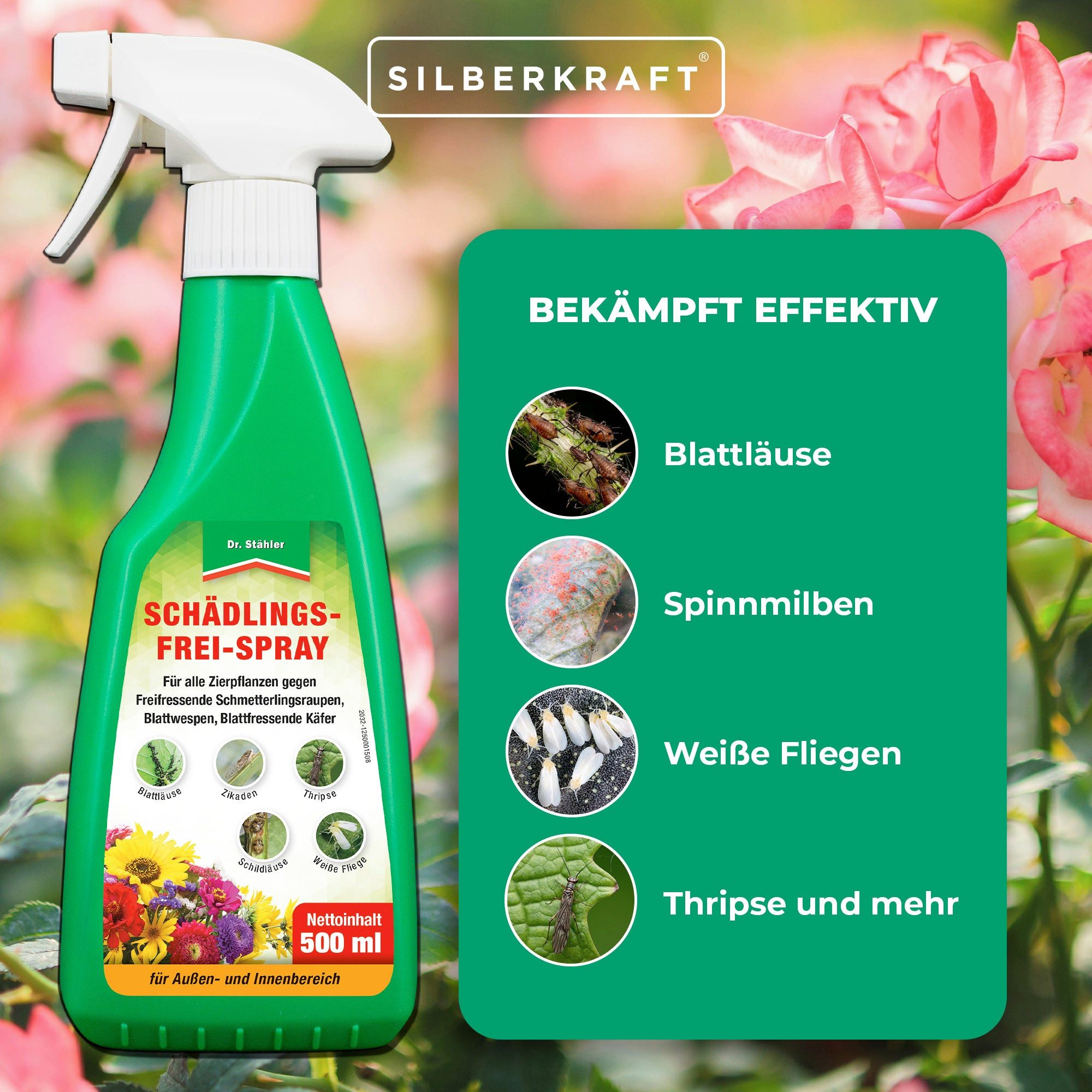 Dr. Stähler Insektenspray Schädlingsfrei-Spray - Effektives Pflanzenschutzmittel gegen Insekten, 500 ml, Effektiver Schutz Einfache Anwendung Ganzjähriger Einsatz Bienenfreundlich, 1-St., 500ml, mit Natur-Pyrethrum & Rapsöl, Vielseitiger Schutz für Zier- und Nutzpflanzen, Anwendungsfertig