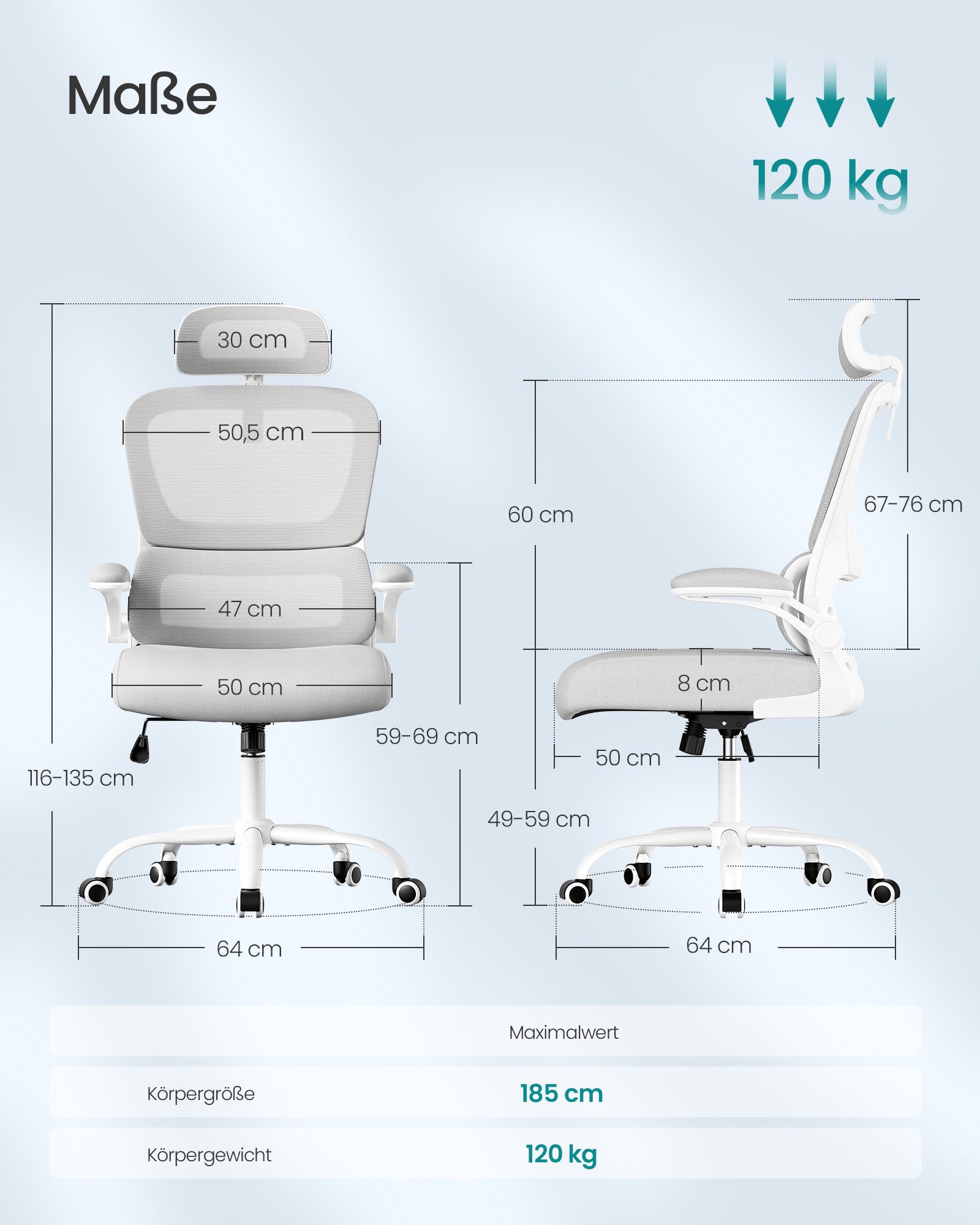 SONGMICS Bürostuhl ergonomischer Netzstuhl, für Homeoffice, mit doppellagigem Netzgewebe, Schreibtischstuhl, adaptive Lendenstütze, verstellbare Kopfstütze