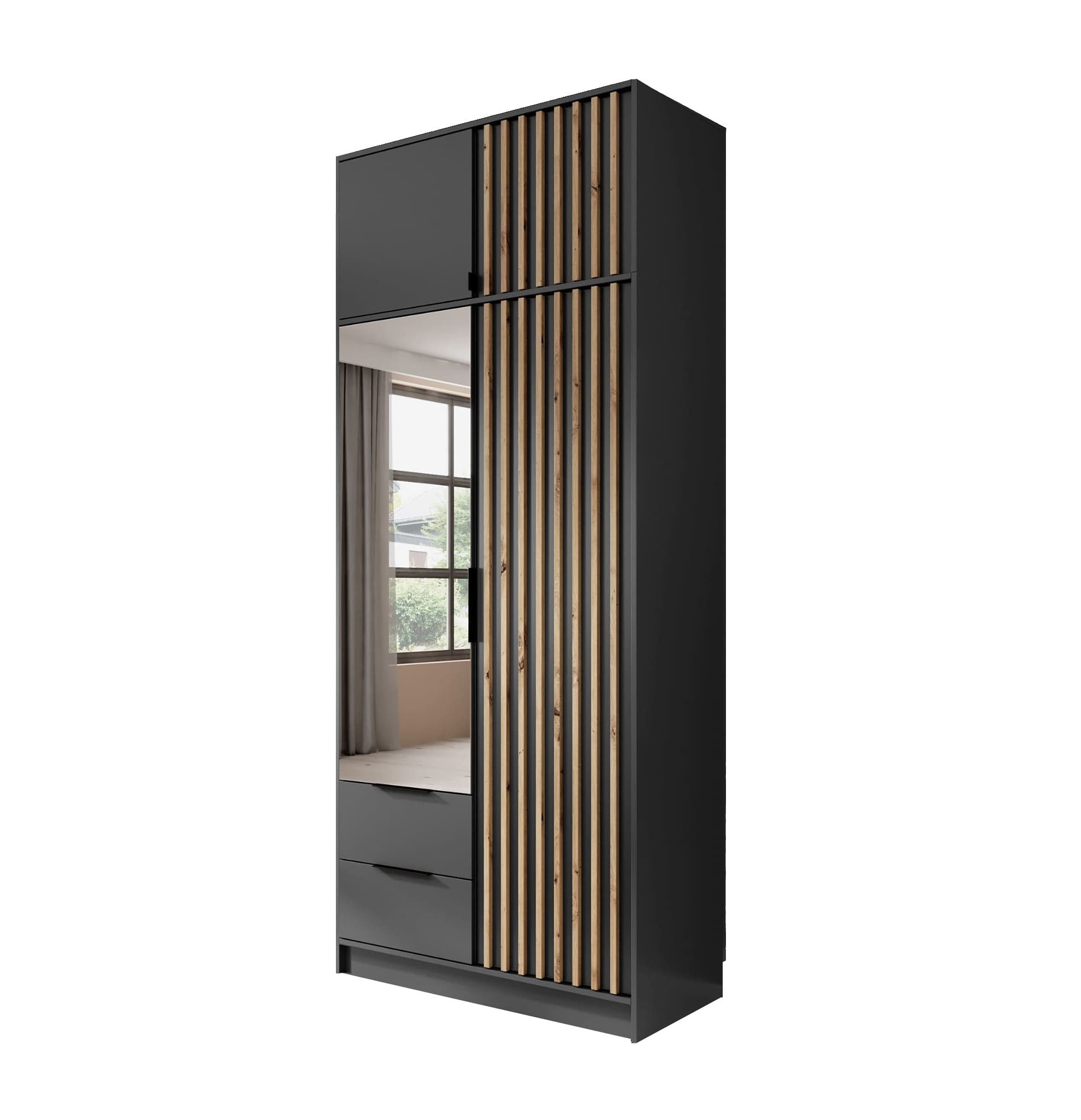 MOEBLO Kleiderschrank JOHN mit Erweiterung (Latten aus Holz, Loft Stil IndustrieSchrank Aufbewahrungsschrank (Spannstange) mit Regalböden, Schlafzimmerschrank mit 2/3/4 drehbaren Türen, 2 Schubladen) (BxHxT): 105/155/206x250x51 cm