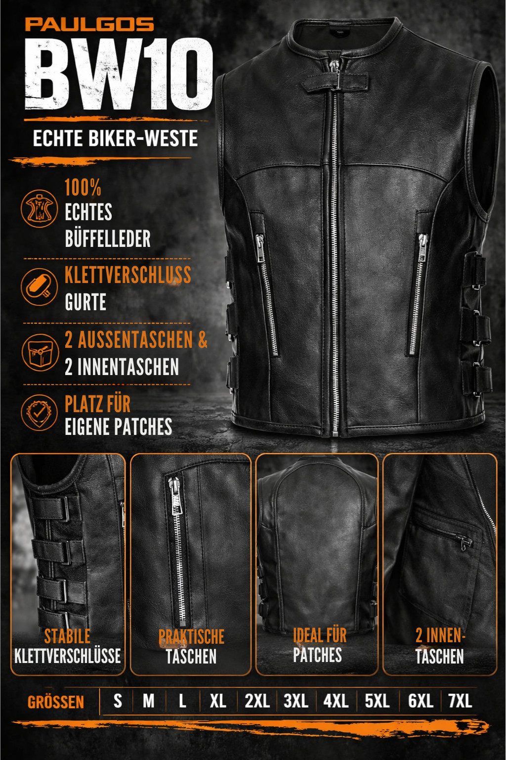 PAULGOS Motorradweste Lederweste Biker Kutte Clubweste Chopper Weste 100% Echtleder - BW10 – Bild 4 von 5