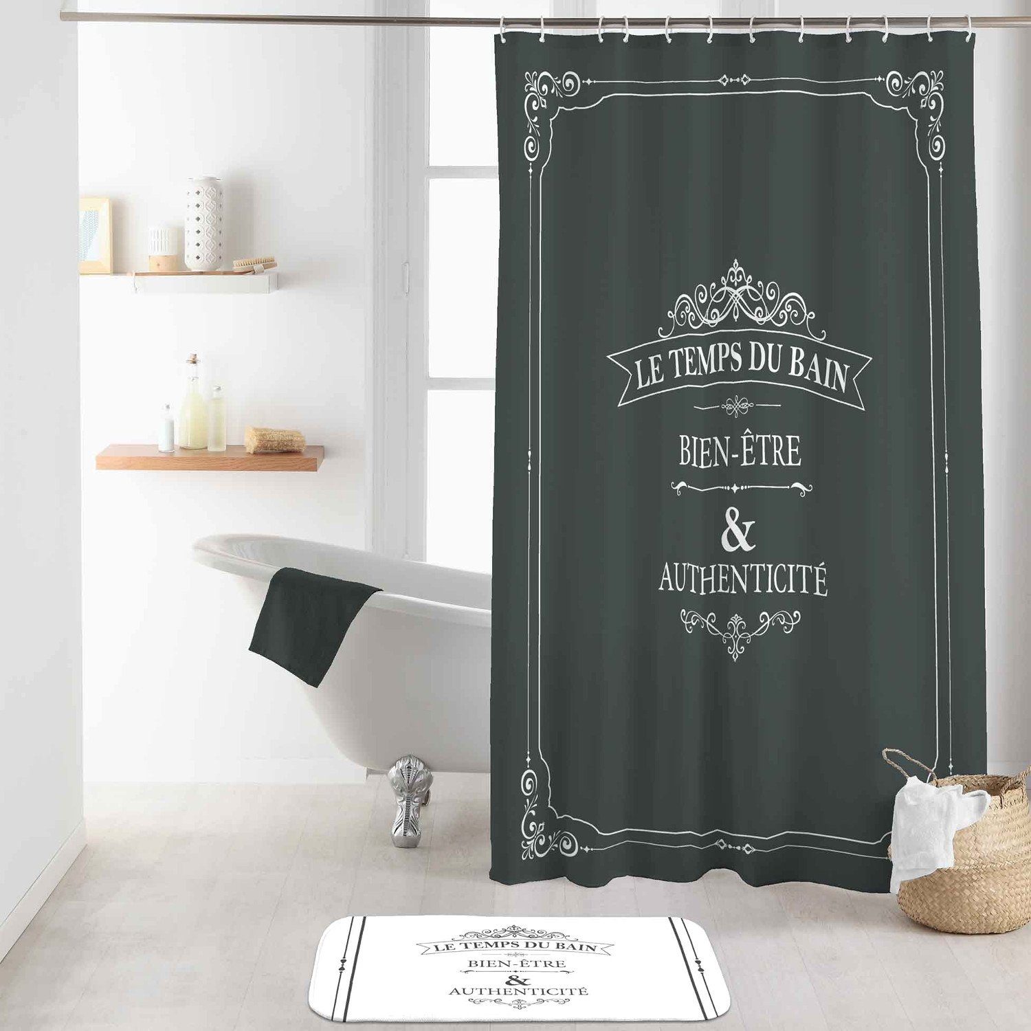 meberg Duschvorhang Vorhang Dusche Textil 180x200 cm schwarz Vintage Schrift waschbar Breite 180 cm (wasserabweisend), Badewannenvorhang Vorhang hochwertige Qualität mit Ringen Metallösen