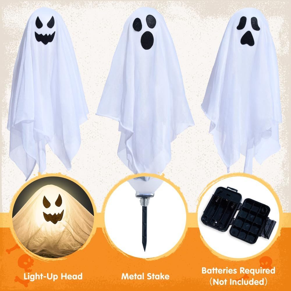 JOYIN Hängedekoration JOYIN 3 Stück Geist Gartenstecker 38 cm Halloween Deko Rasen – Bild 2 von 5