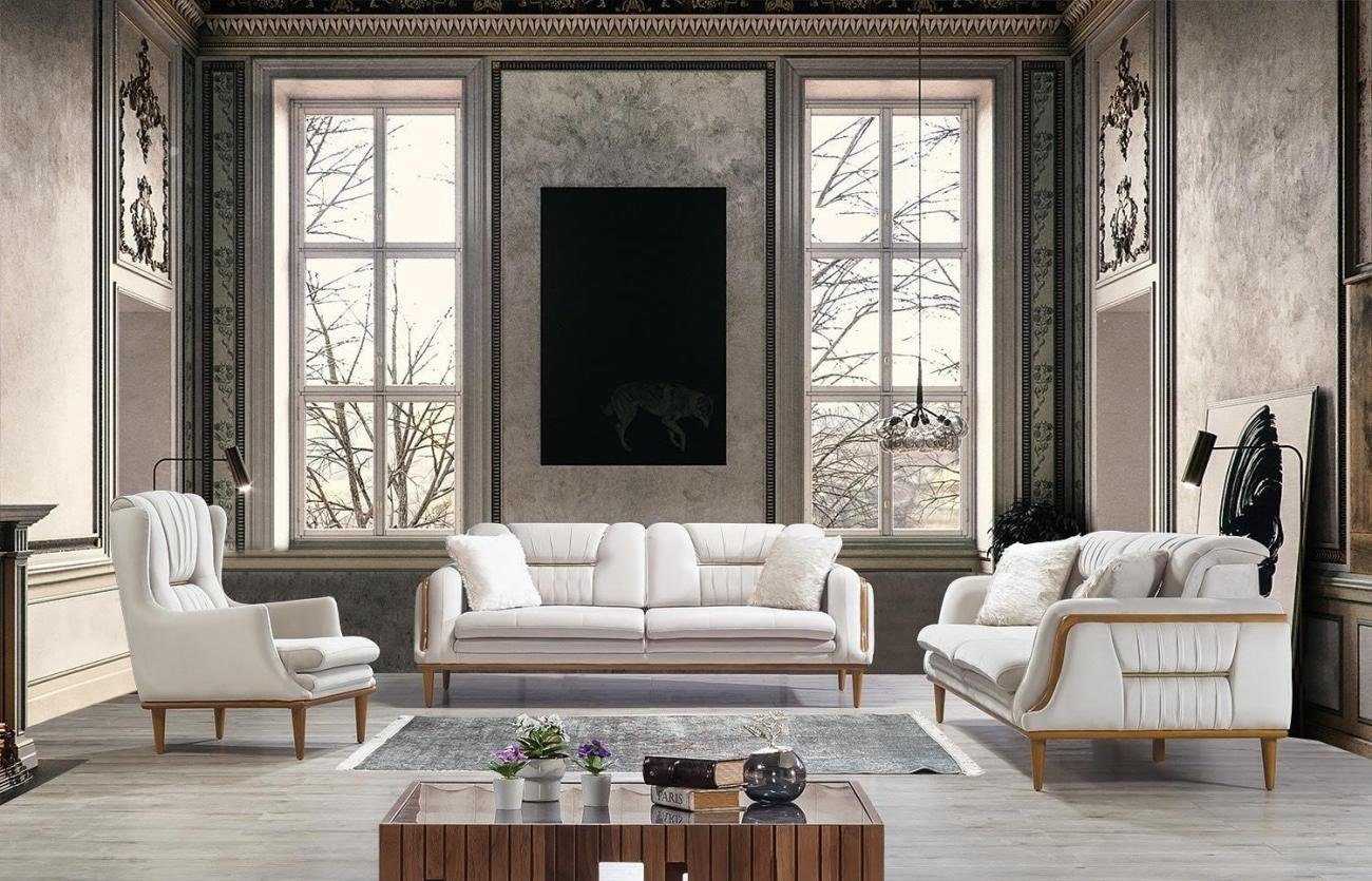 Sitzer Weiße Moderne Wohnzimmer-Set Sessel + Sofagarnitur 1x JVmoebel Made (3-St., ohne 3+3+1 Europa Designer Couchtisch), 2x Sessel, Couchen in 3-Sitzer