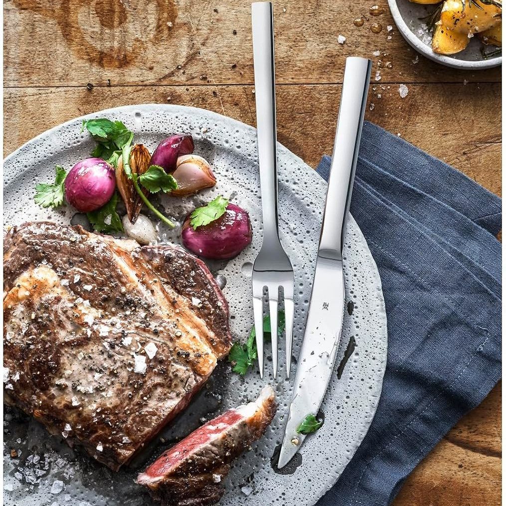 WMF Steakbesteck inklusive Holzkiste, Monobloc, Wellenschliff, auch als Pizzabesteck (12-tlg), 6 Personen, Cromargan® Edelstahl Rostfrei 18/10, spülmaschinengeeignet, formstabil, hygienisch und säurefest