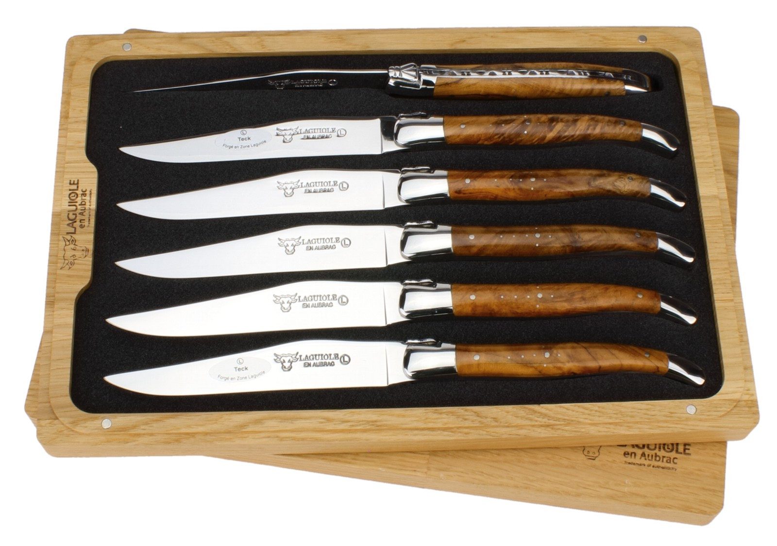 Laguiole en Aubrac Steakmesser 62C99TKIH BRI 6er Set - Griff Teakholz - Backen glänzend - Klinge glänzend - Holzbox