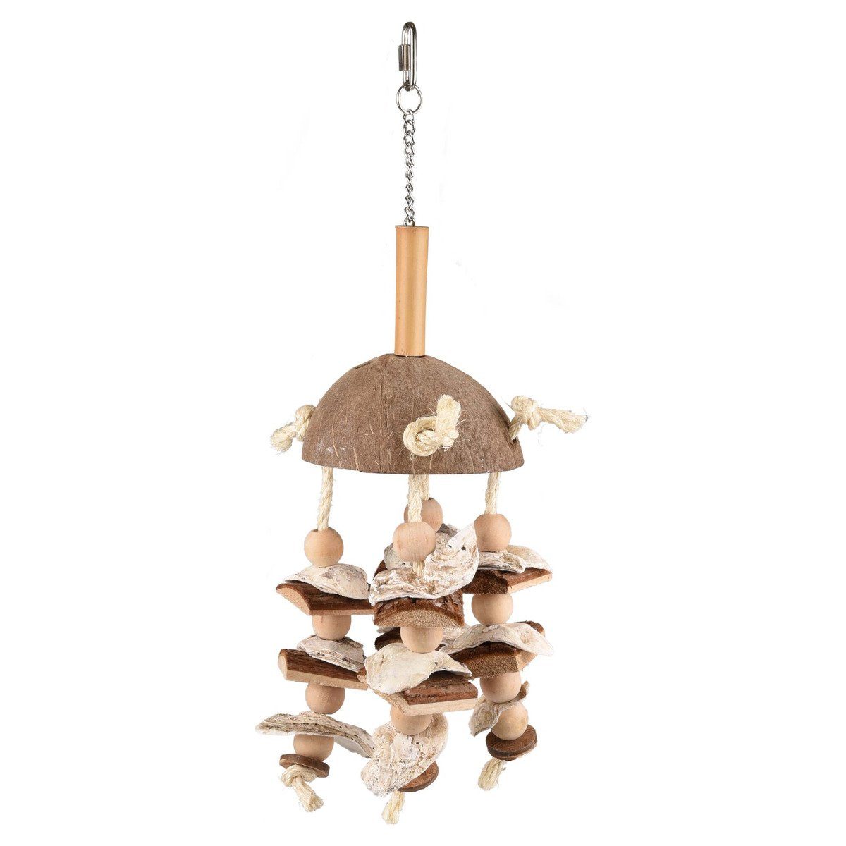 Vogelspielplatz Vogelspielzeug Sully mit Kokosnuss + Seil + Luffa