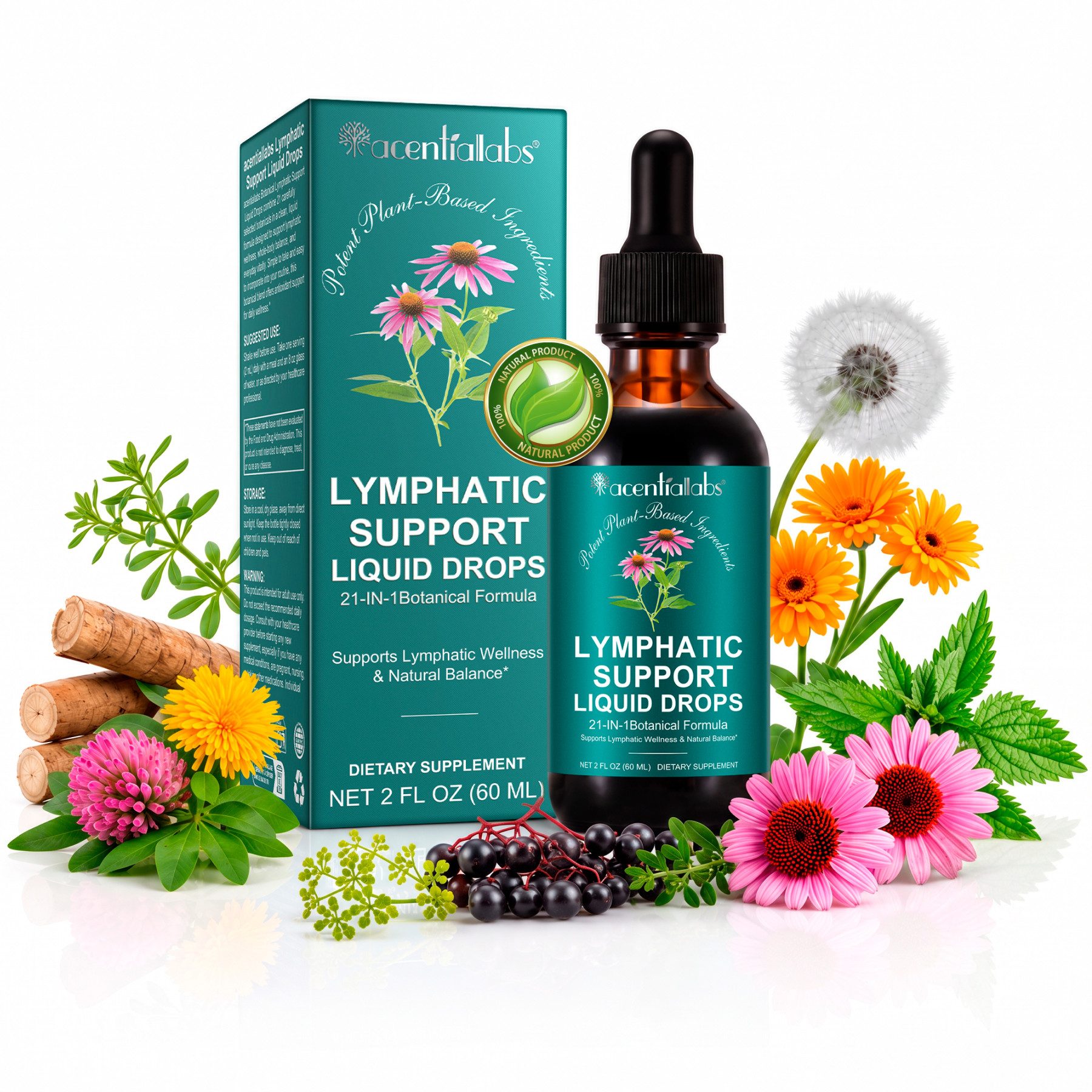 Acentiallabs Lymphdrainage Lymphatic Tropfen Natürliche Balance Wohlbefinden Tropfen, 60 ml, All-In-One Produkt, Nahrungsergänzungsmittel, Tropfen