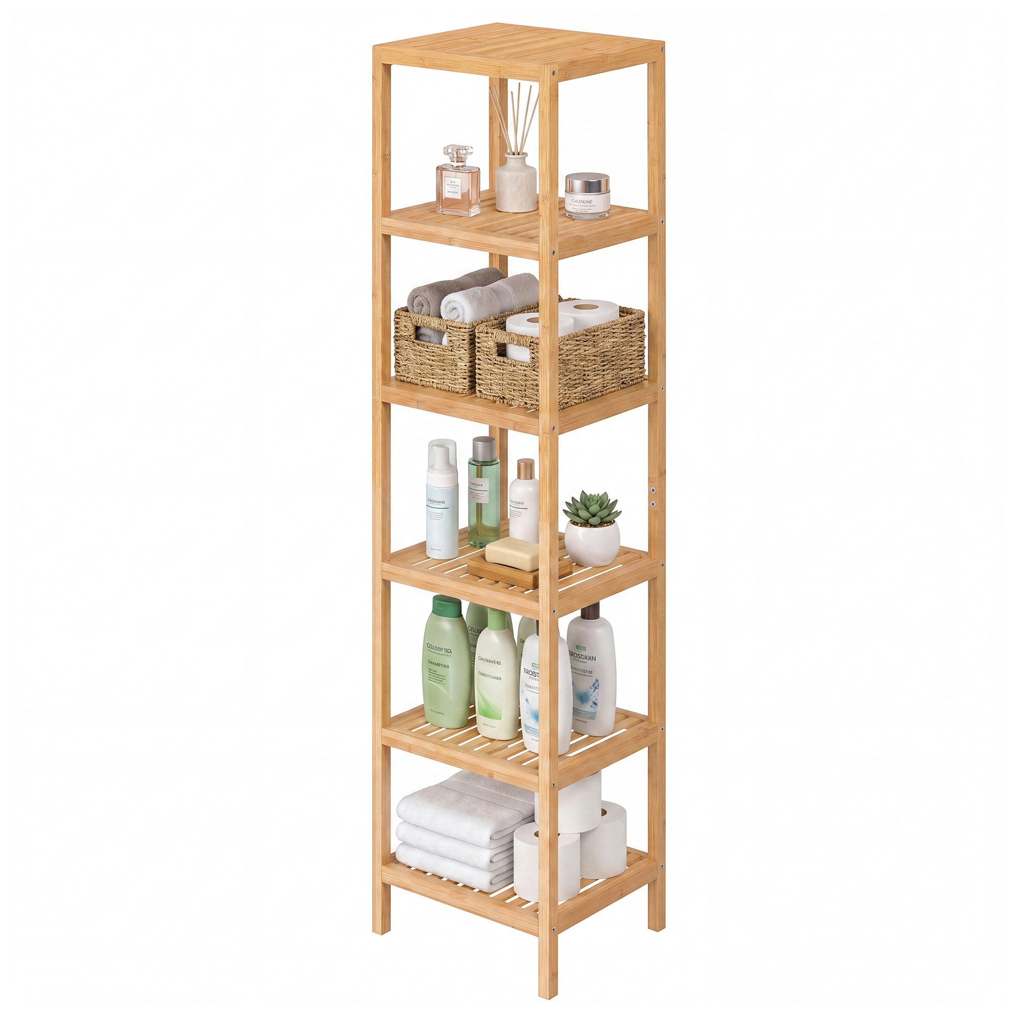 SONGMICS Badregal Badezimmerregal, 33 x 33 x 178.5 cm, aus Bambus, für Bad, Wohnzimmer, Küchenregal
